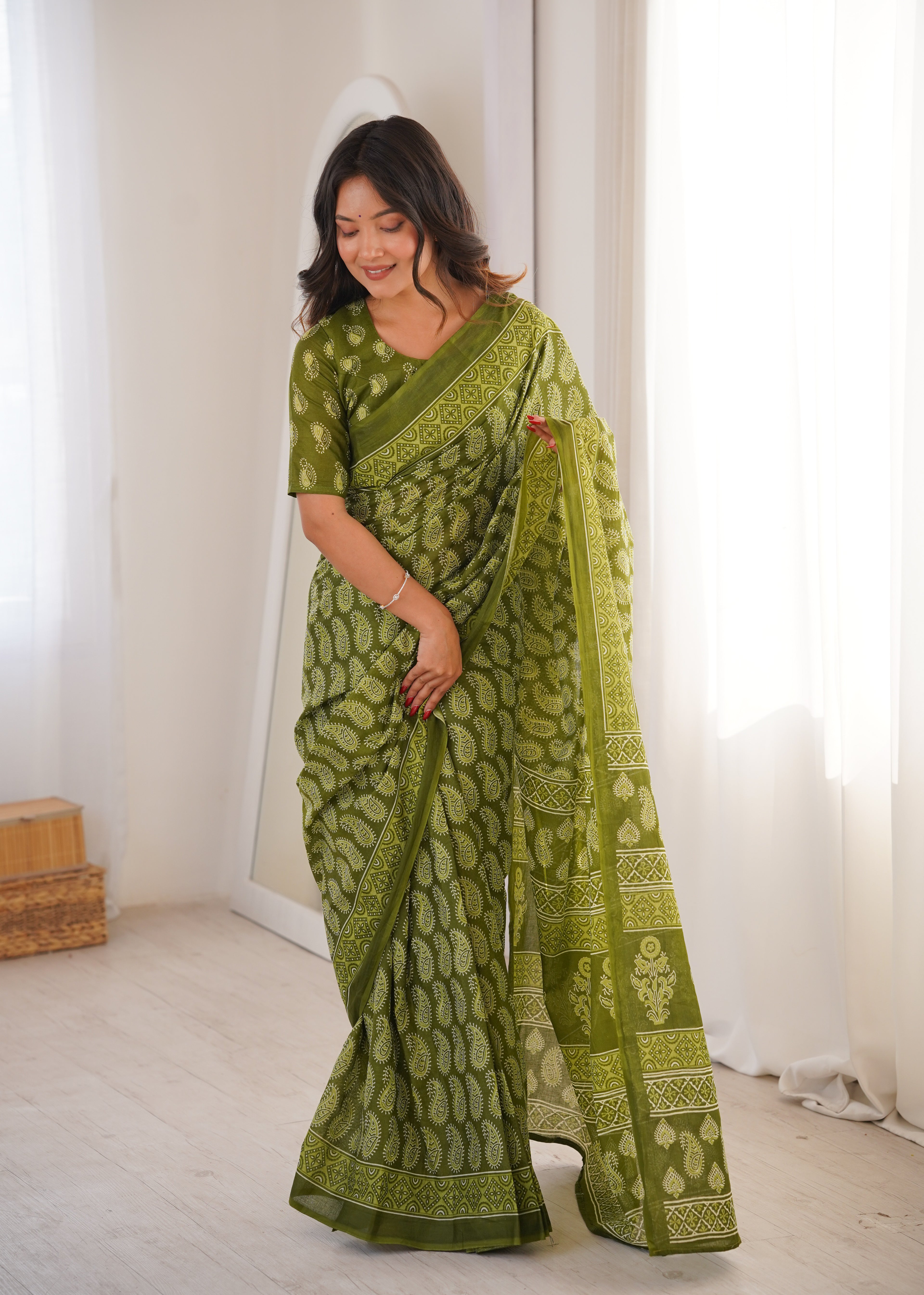 Designer Printed Pure Cotton Saree of Green