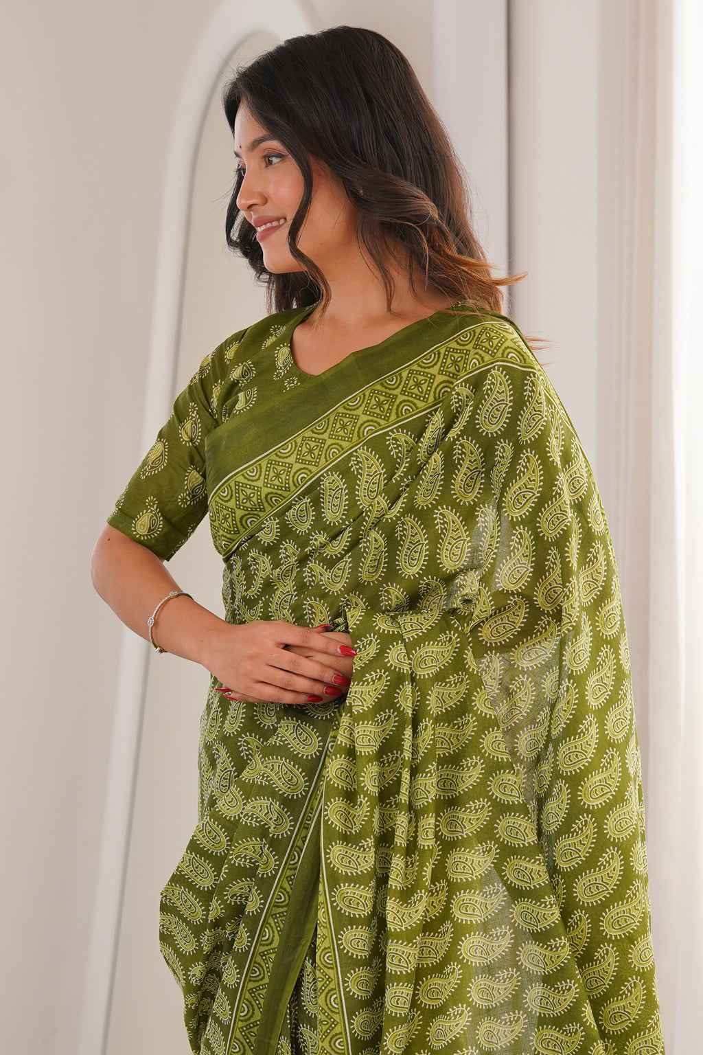 Designer Printed Pure Cotton Saree of Green
