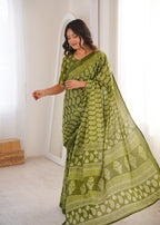 Designer Printed Pure Cotton Saree of Green