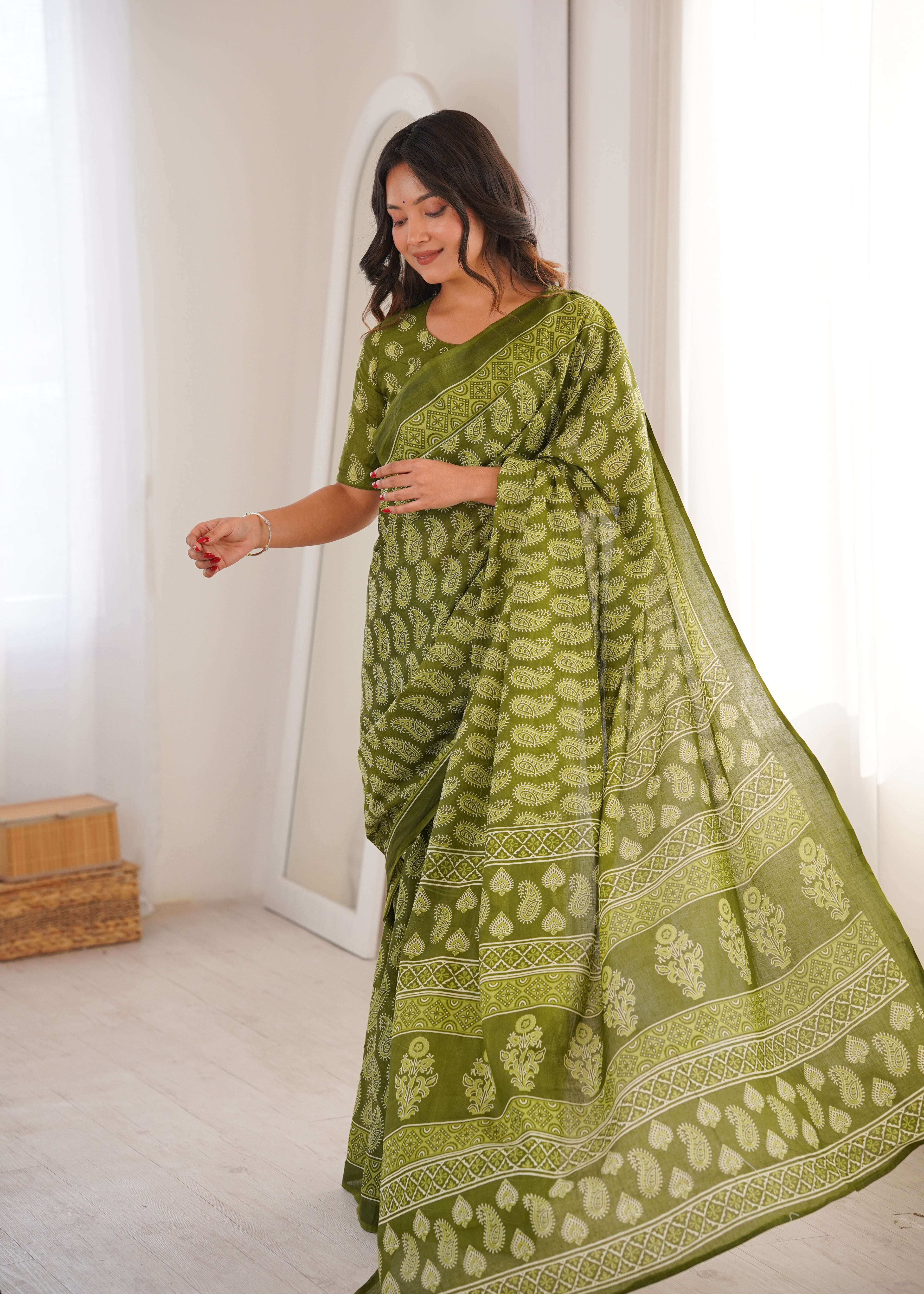 Designer Printed Pure Cotton Saree of Green