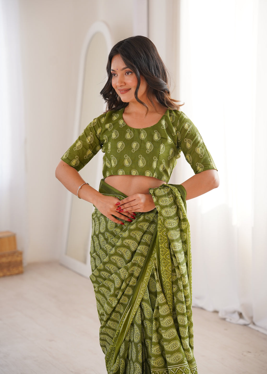 Designer Printed Pure Cotton Saree of Green