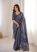 Designer Printed Pure Cotton Saree of Blue