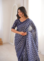 Designer Printed Pure Cotton Saree of Blue