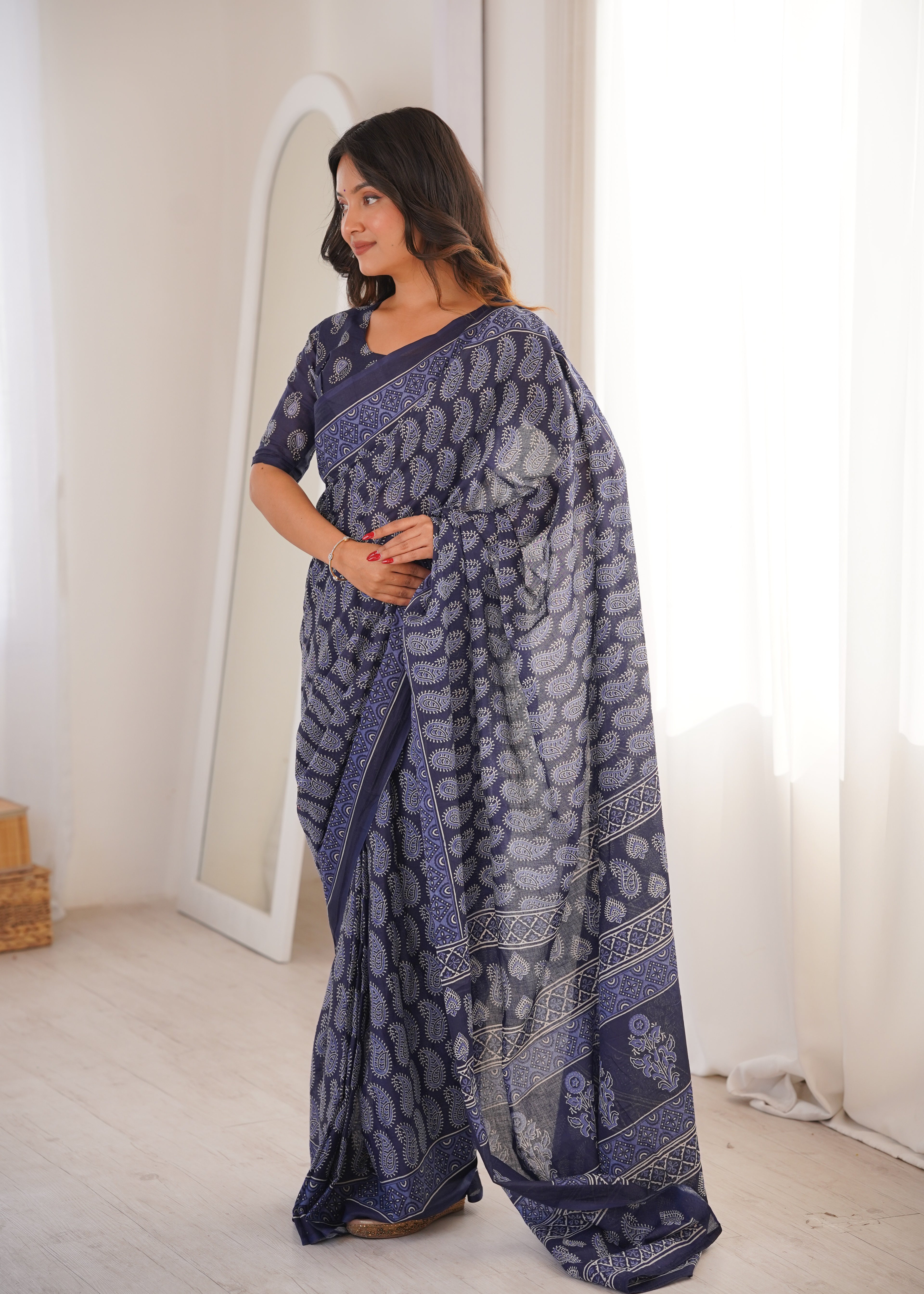 Designer Printed Pure Cotton Saree of Blue