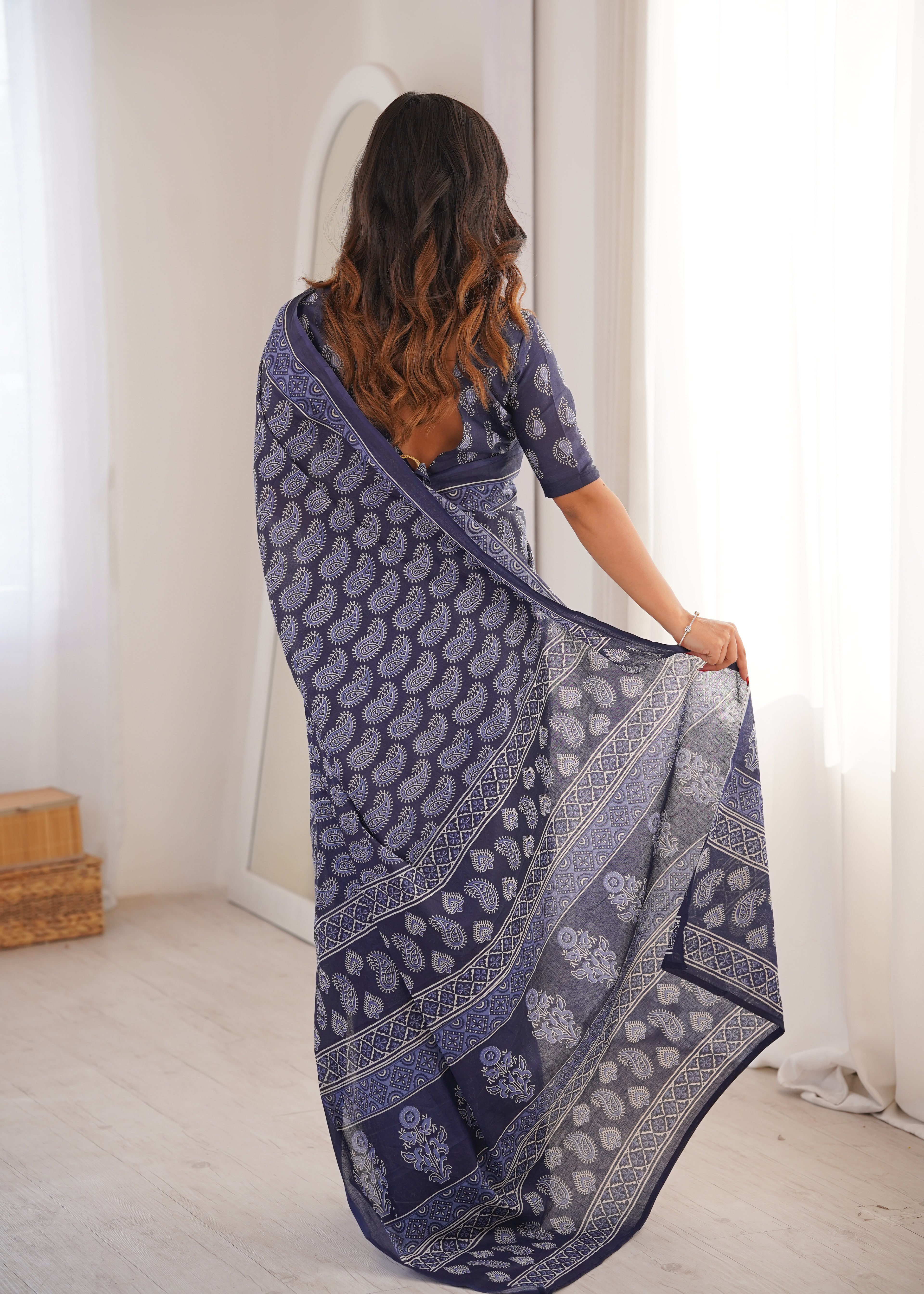 Designer Printed Pure Cotton Saree of Blue