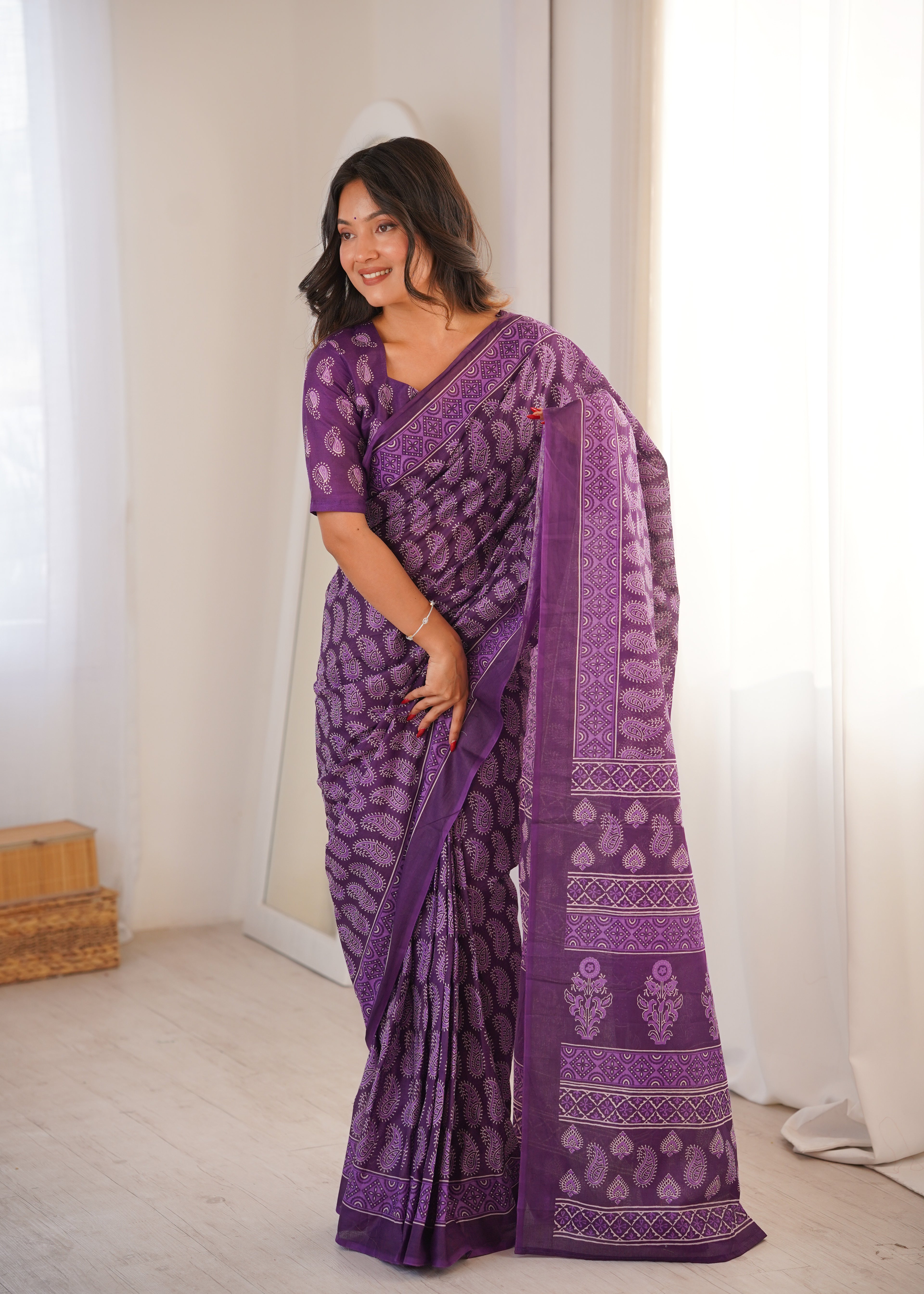 Designer Printed Pure Cotton Saree of Purple