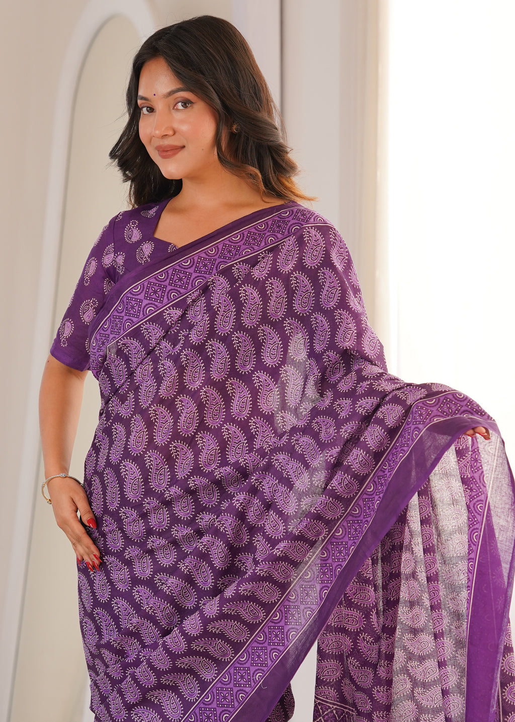 Designer Printed Pure Cotton Saree of Purple