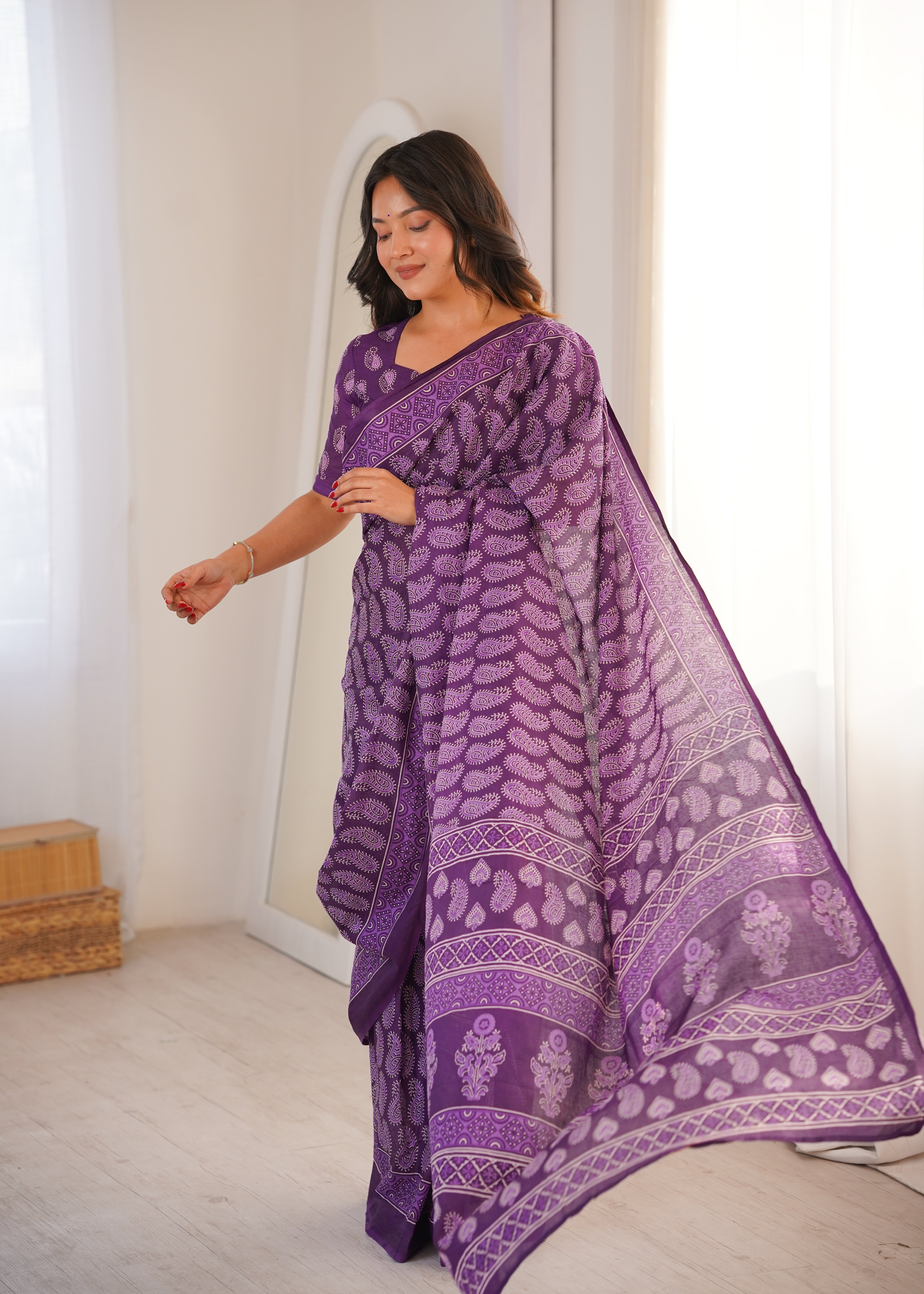 Designer Printed Pure Cotton Saree of Purple
