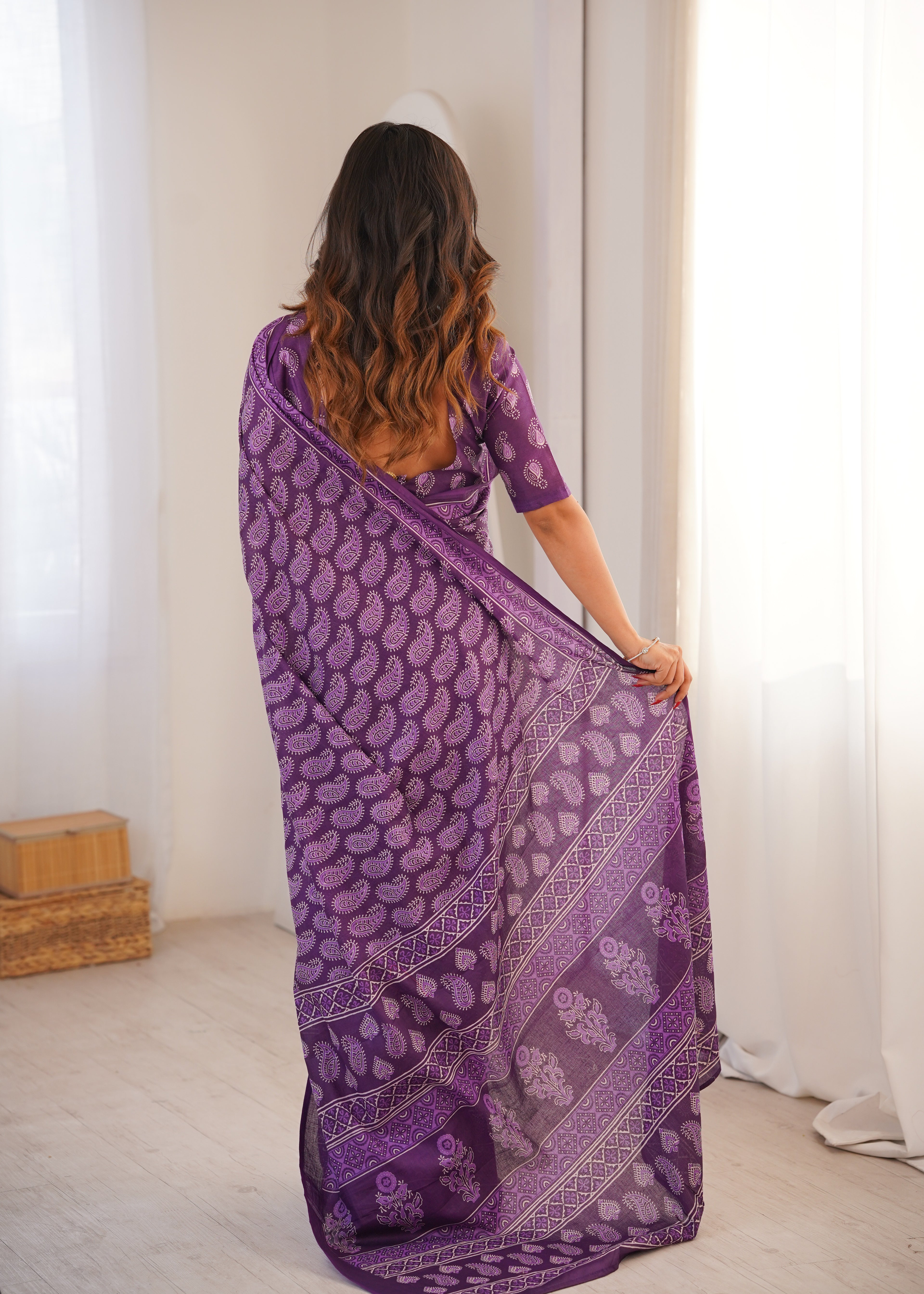 Designer Printed Pure Cotton Saree of Purple