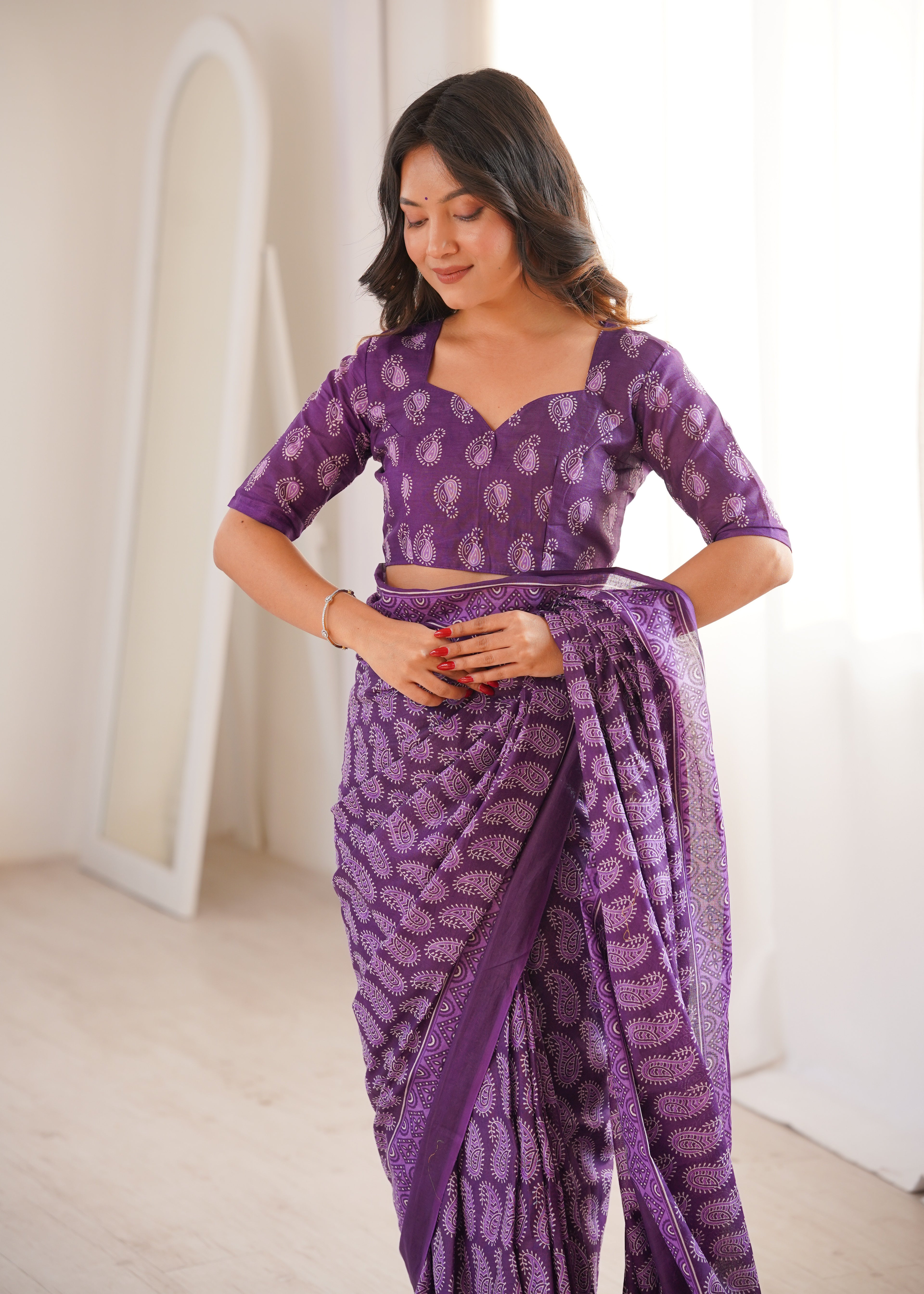 Designer Printed Pure Cotton Saree of Purple