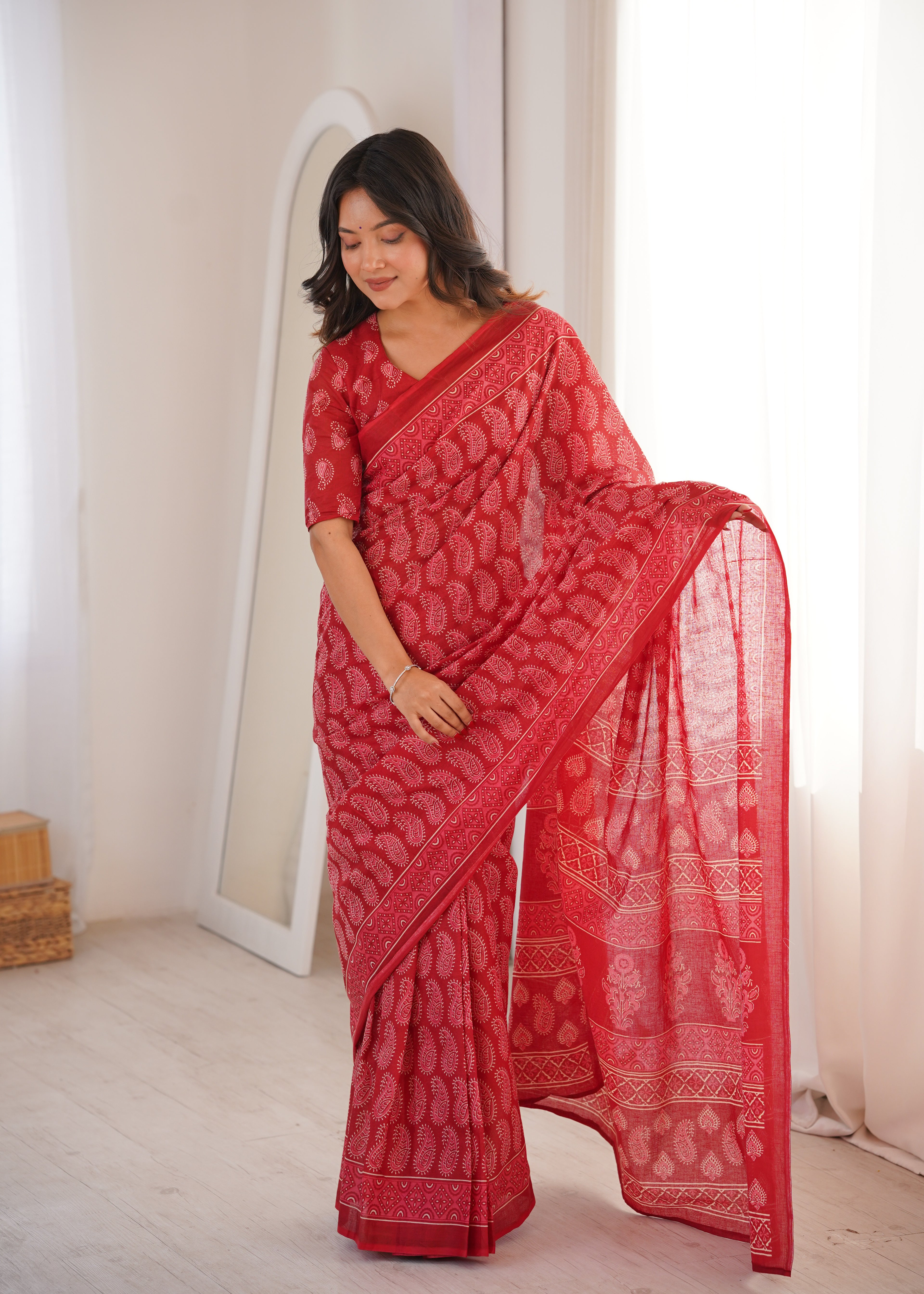Designer Printed Pure Cotton Saree of Red