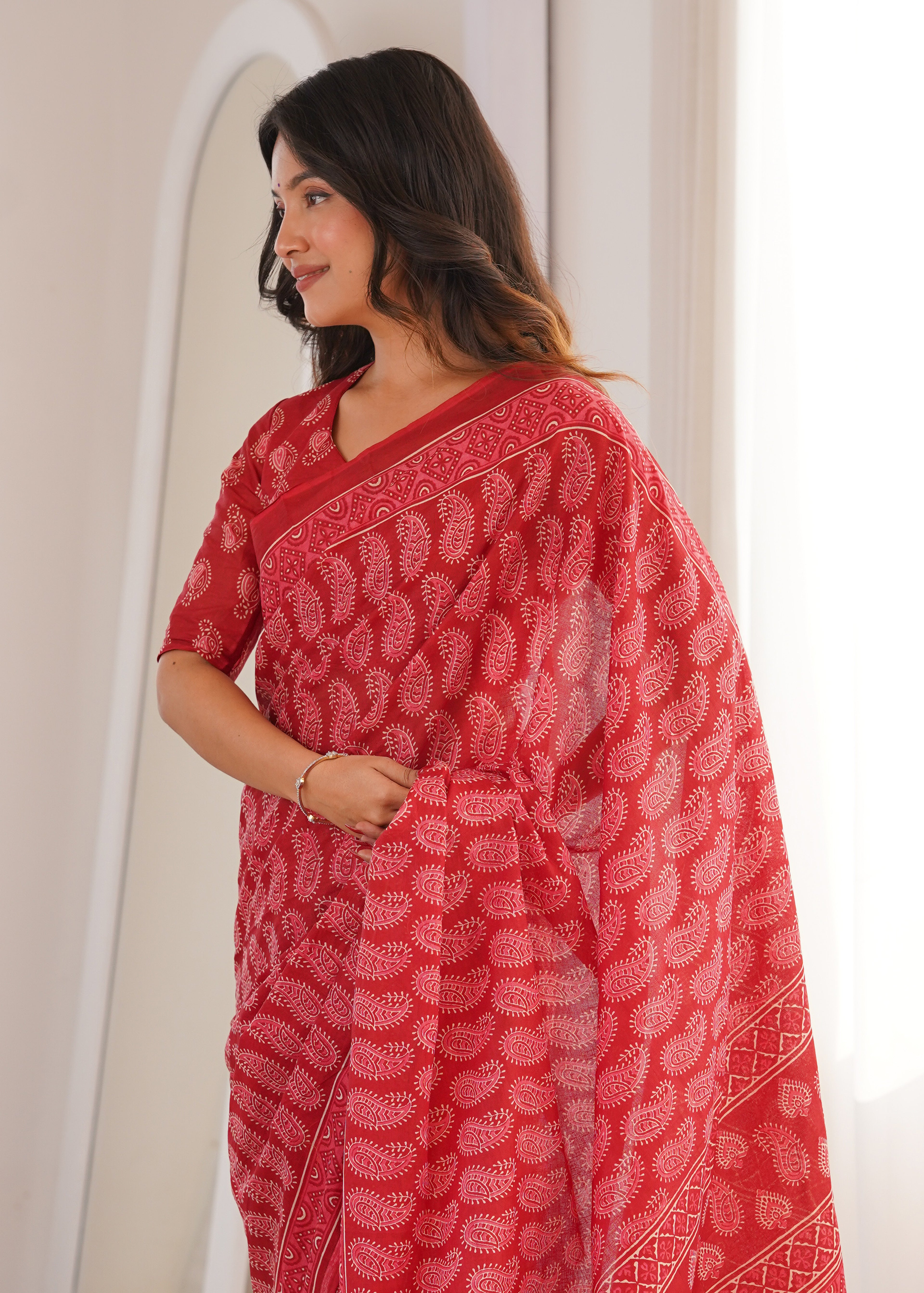 Designer Printed Pure Cotton Saree of Red