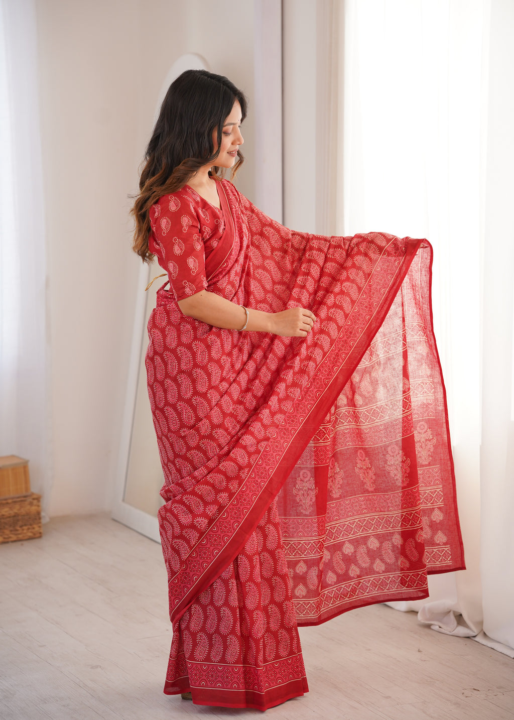 Designer Printed Pure Cotton Saree of Red