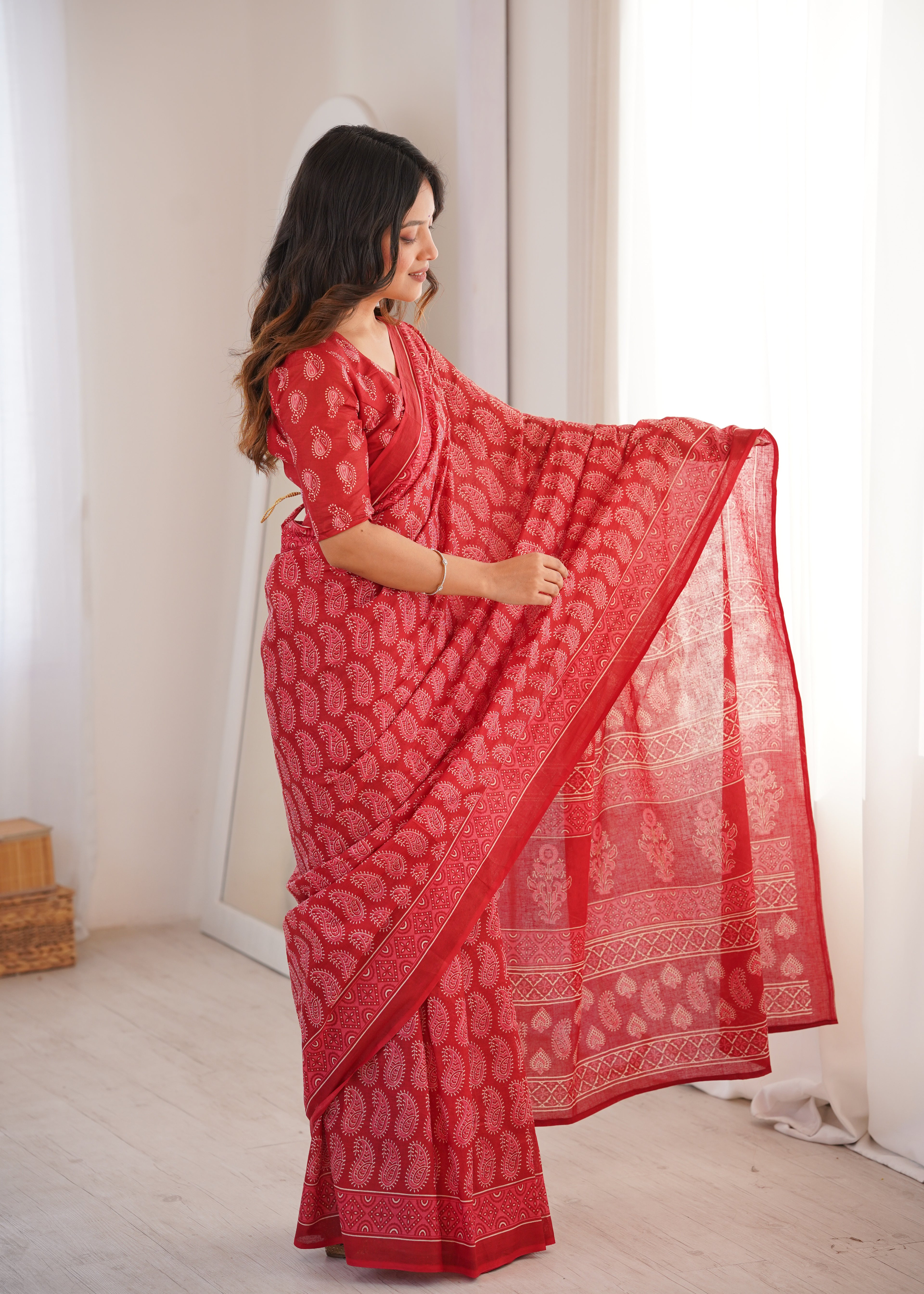 Designer Printed Pure Cotton Saree of Red