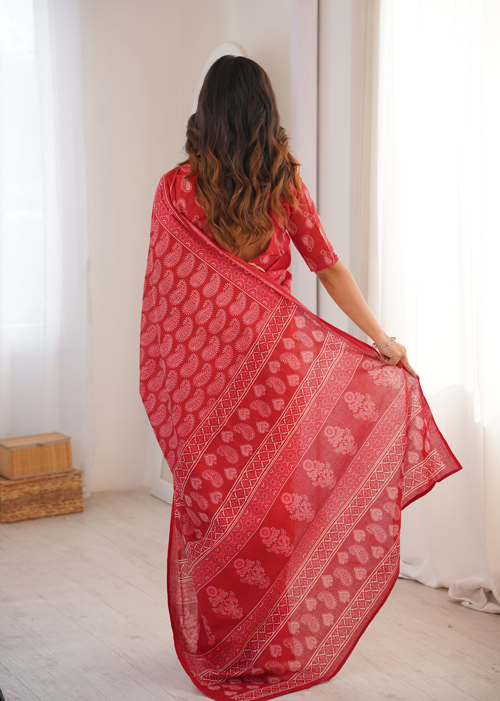 Designer Printed Pure Cotton Saree of Red