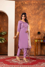 Elegant Straight Kurti Pant Dupatta Set- Lovender Kalikar