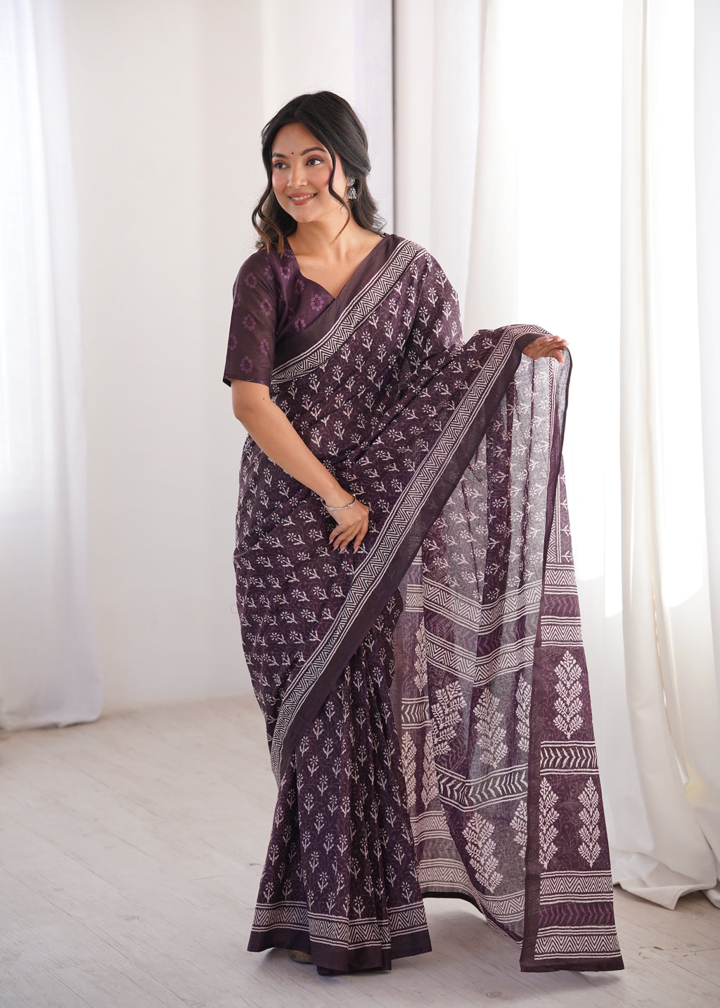 Designer Printed Pure Cotton Saree of Wine