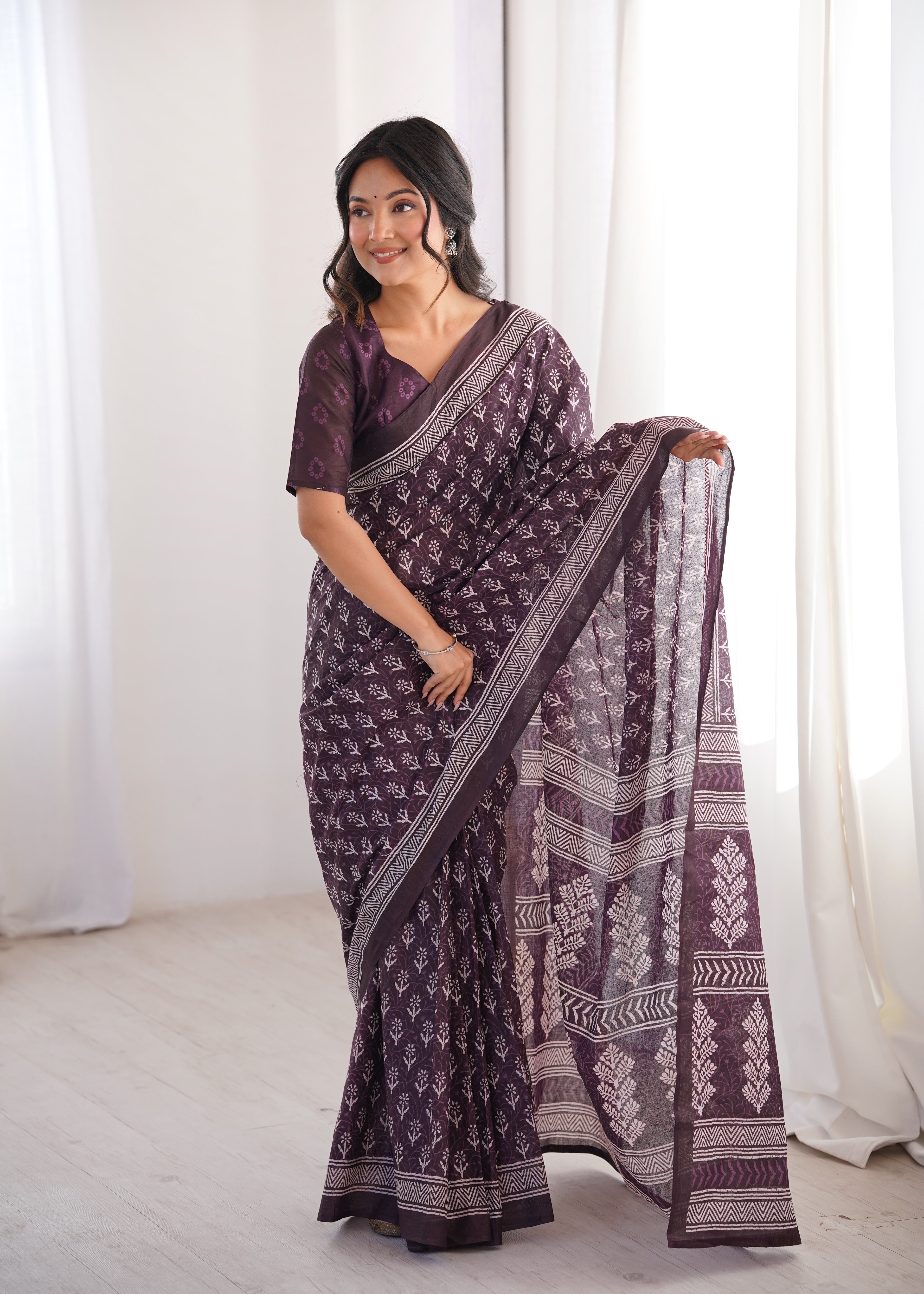 Designer Printed Pure Cotton Saree of Wine