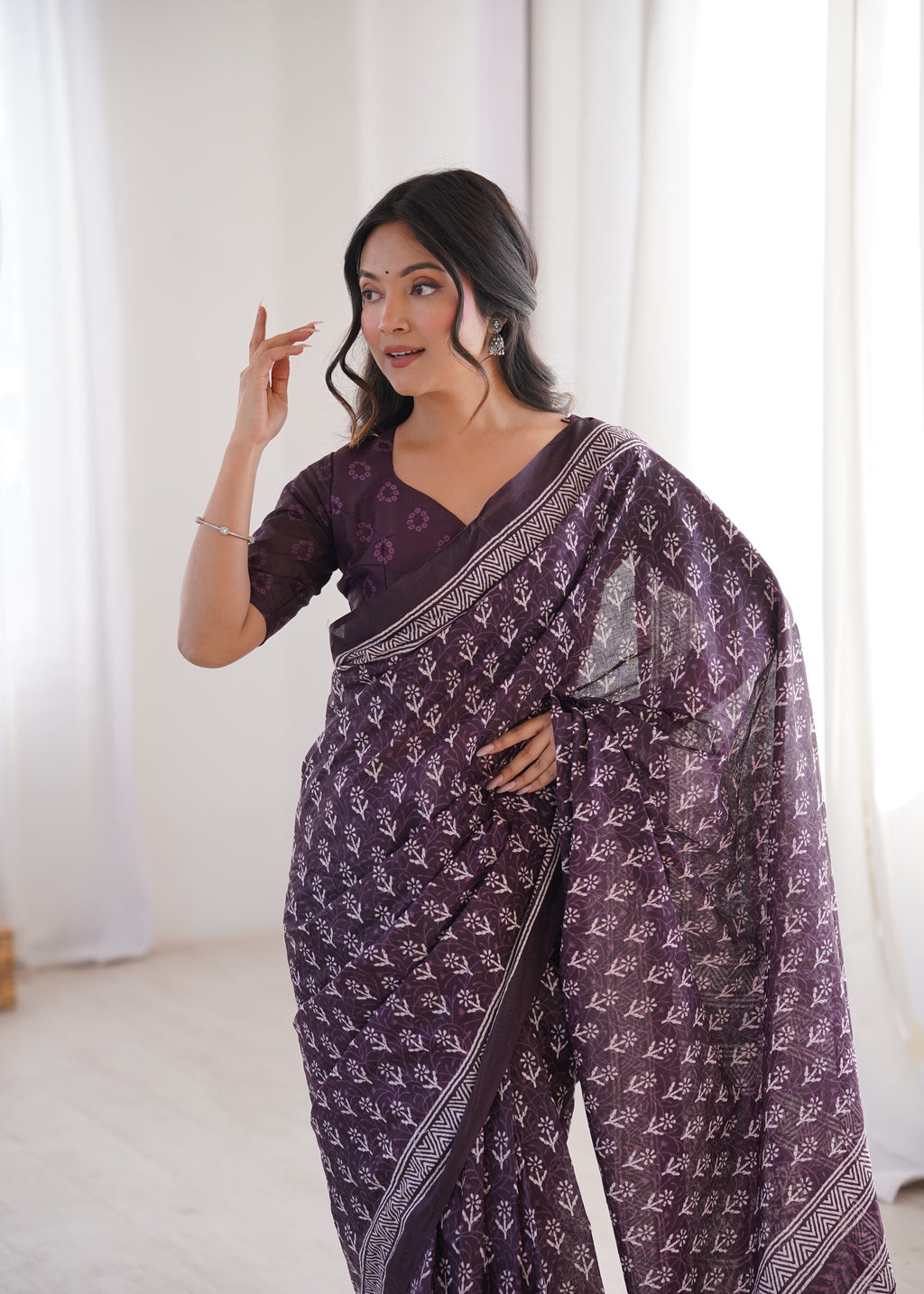 Designer Printed Pure Cotton Saree of Wine