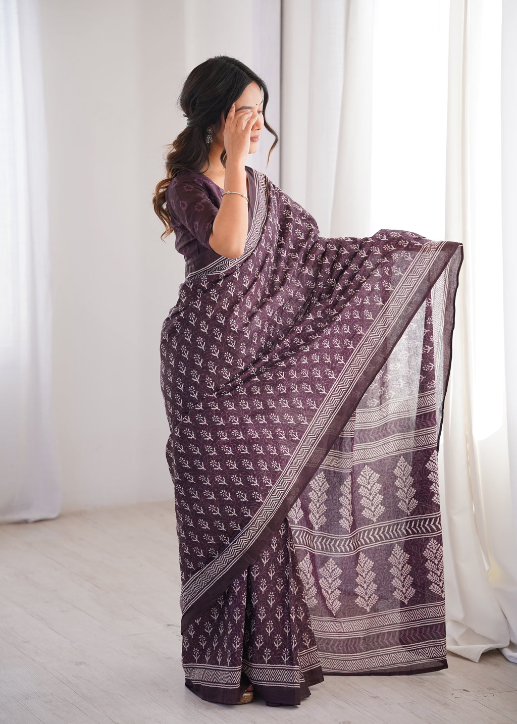 Designer Printed Pure Cotton Saree of Wine