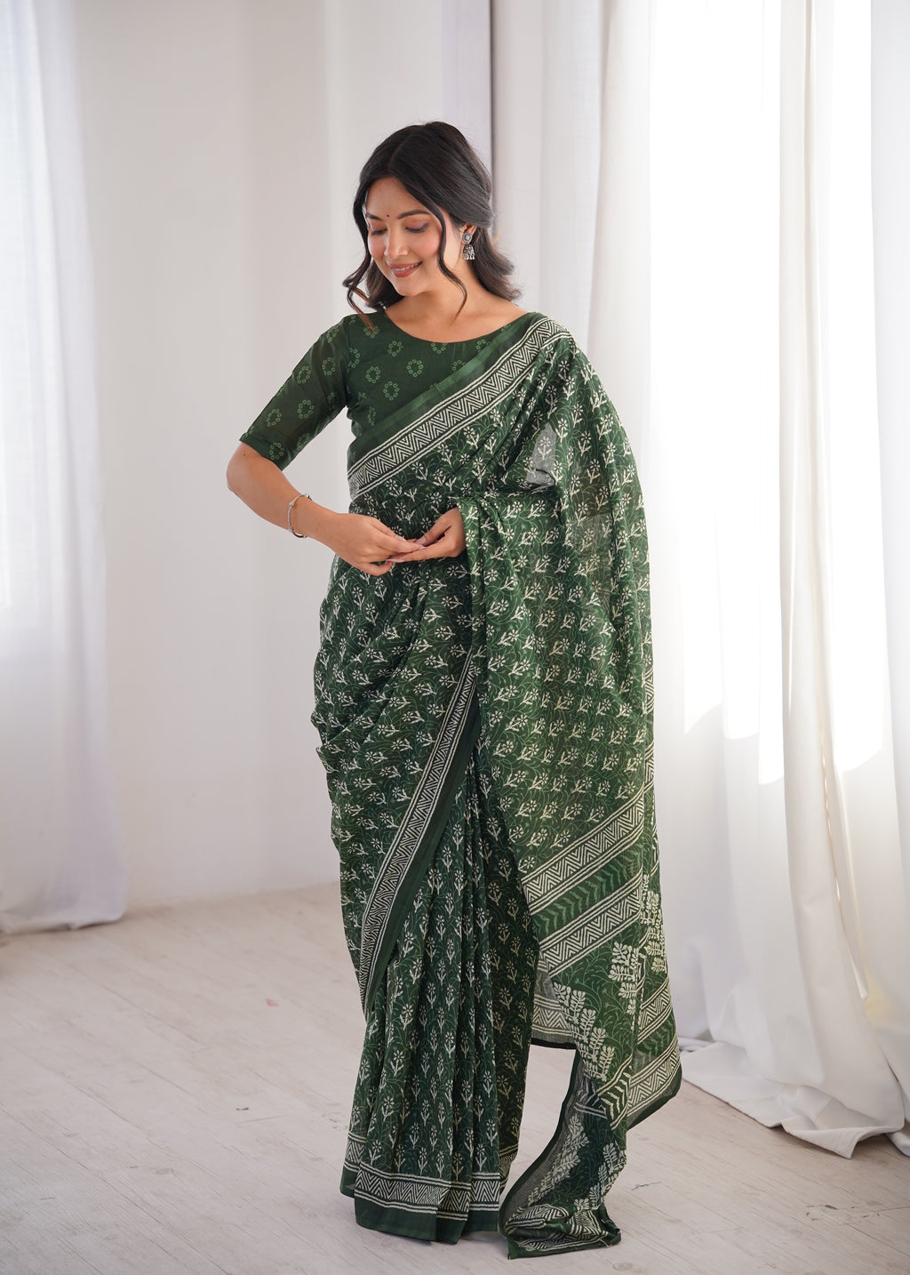 Designer Printed Pure Cotton Saree of Green