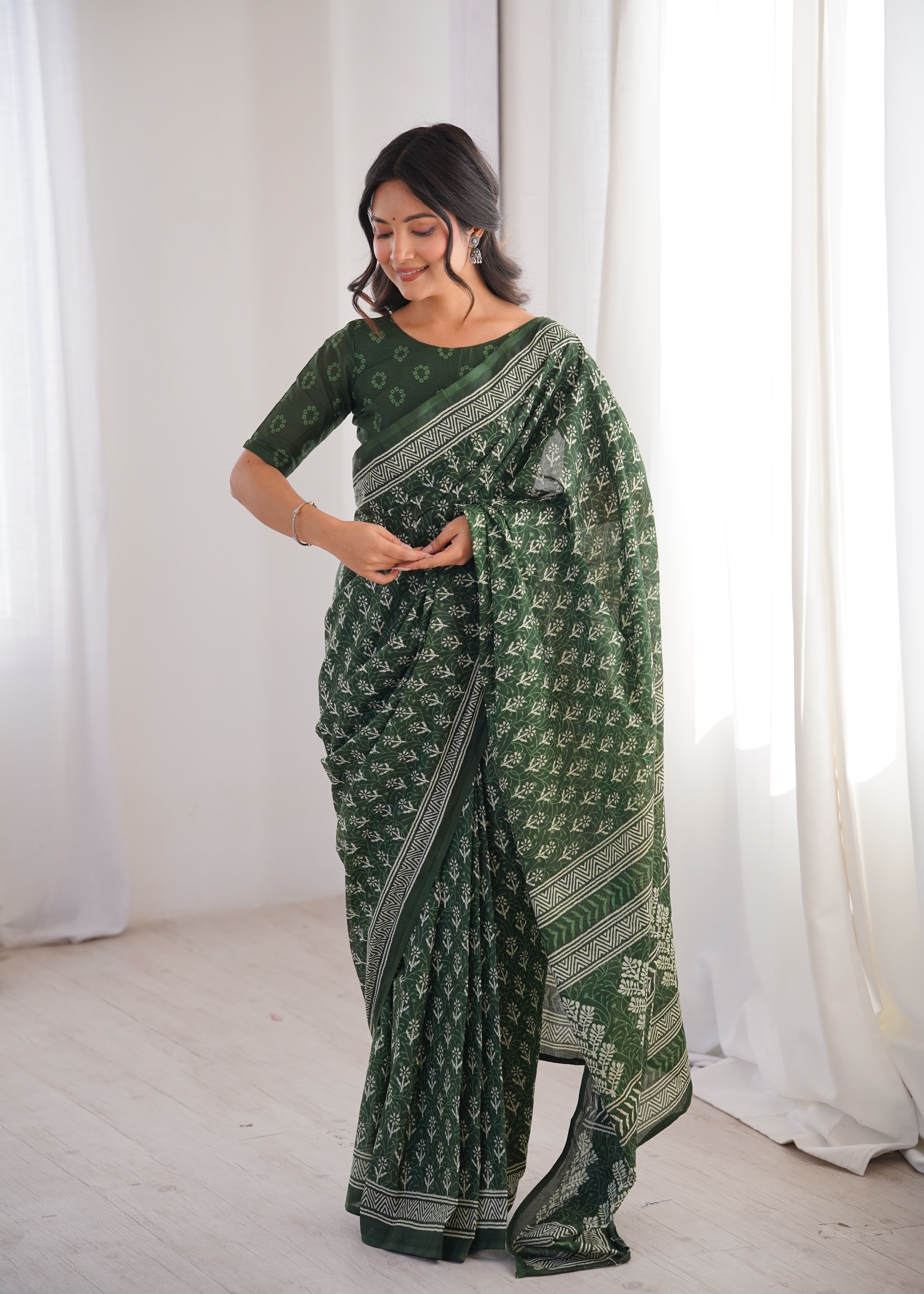 Designer Printed Pure Cotton Saree of Green