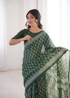 Designer Printed Pure Cotton Saree of Green