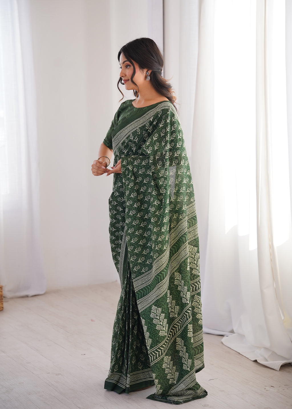 Designer Printed Pure Cotton Saree of Green