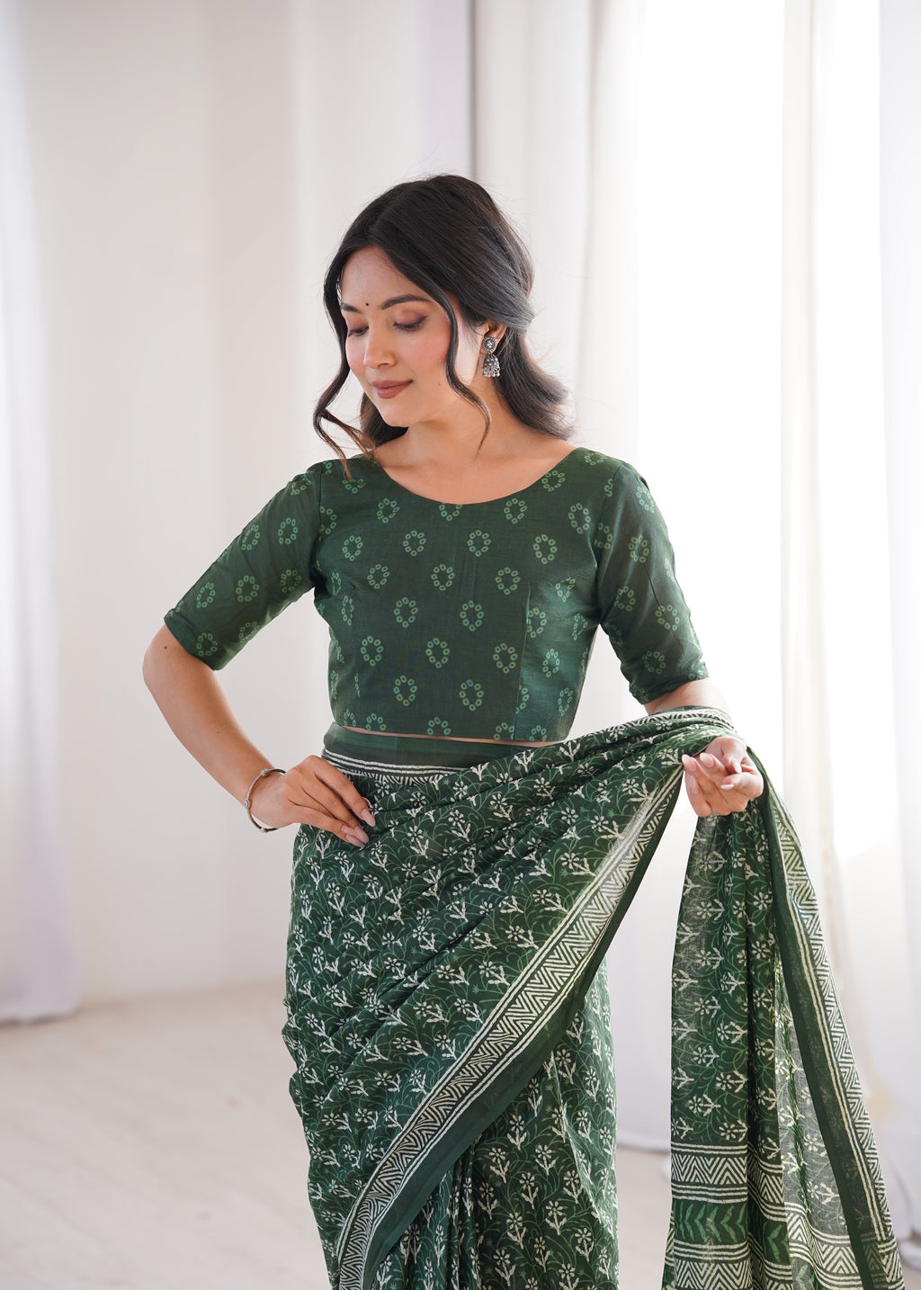 Designer Printed Pure Cotton Saree of Green