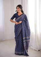 Designer Printed Pure Cotton Saree of Blue