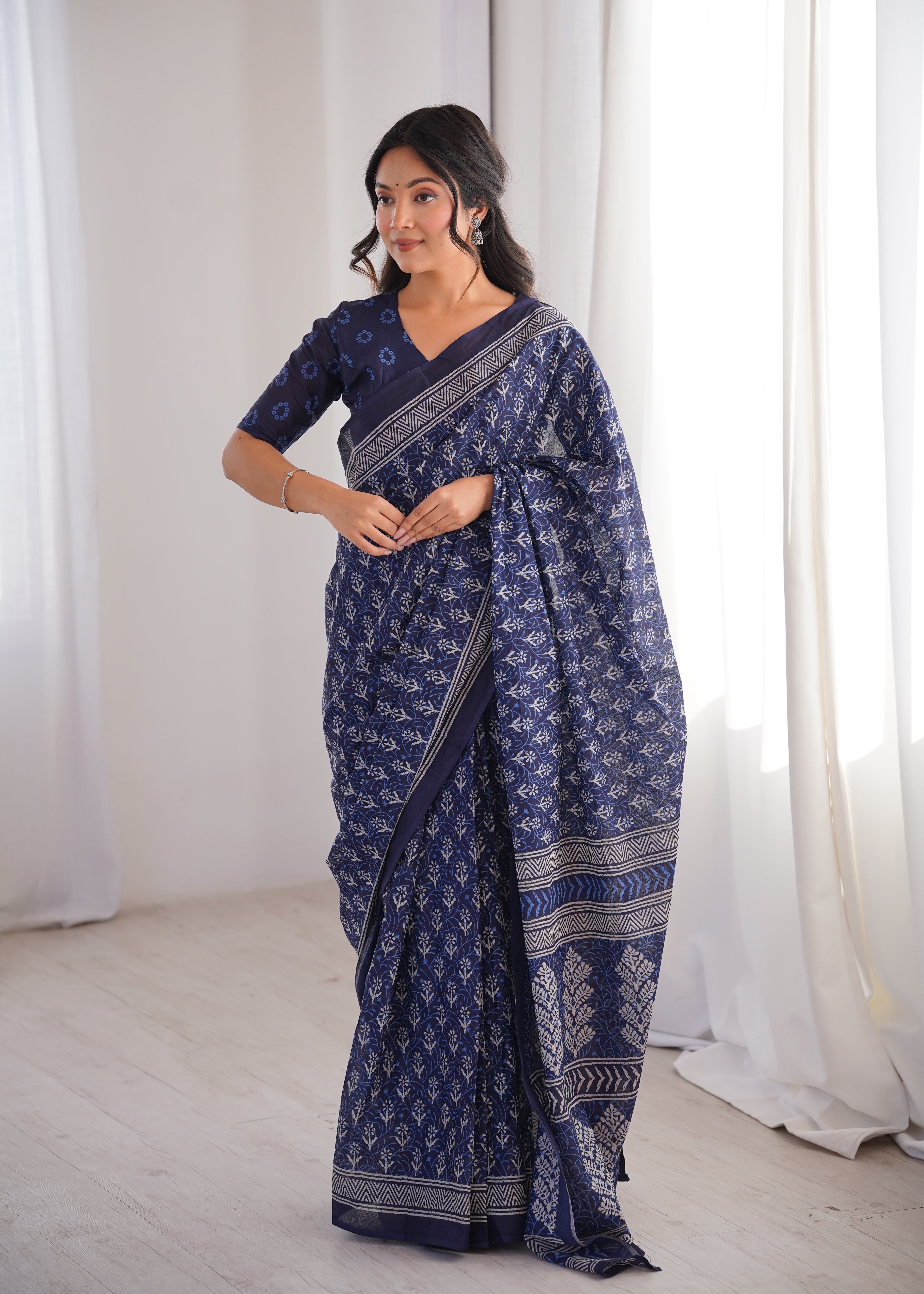 Designer Printed Pure Cotton Saree of Blue
