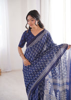 Designer Printed Pure Cotton Saree of Blue