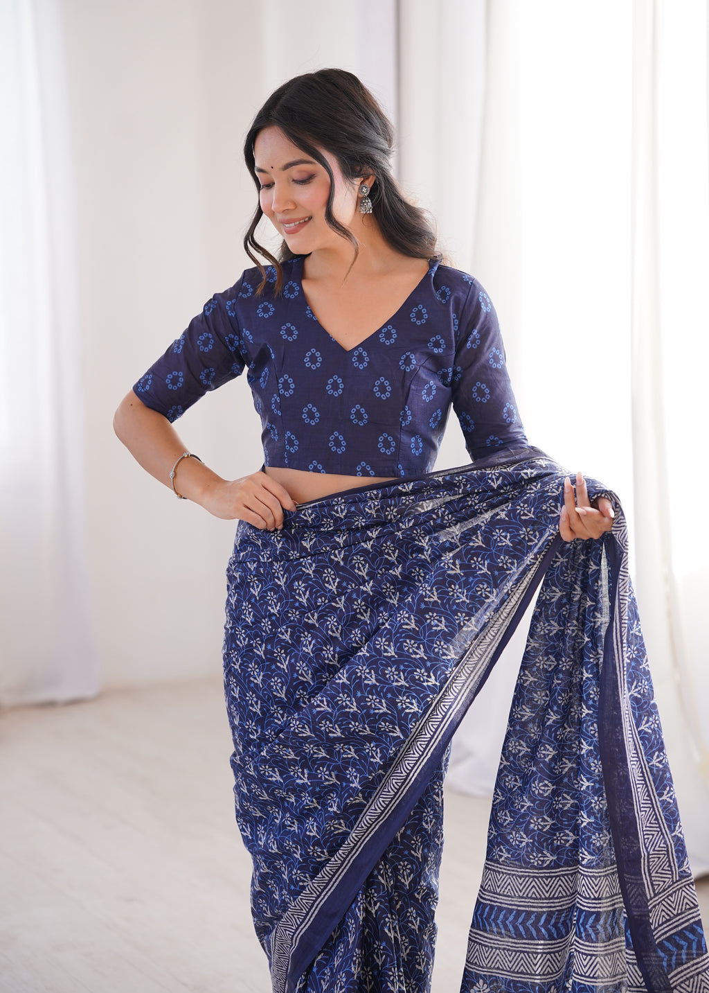 Designer Printed Pure Cotton Saree of Blue