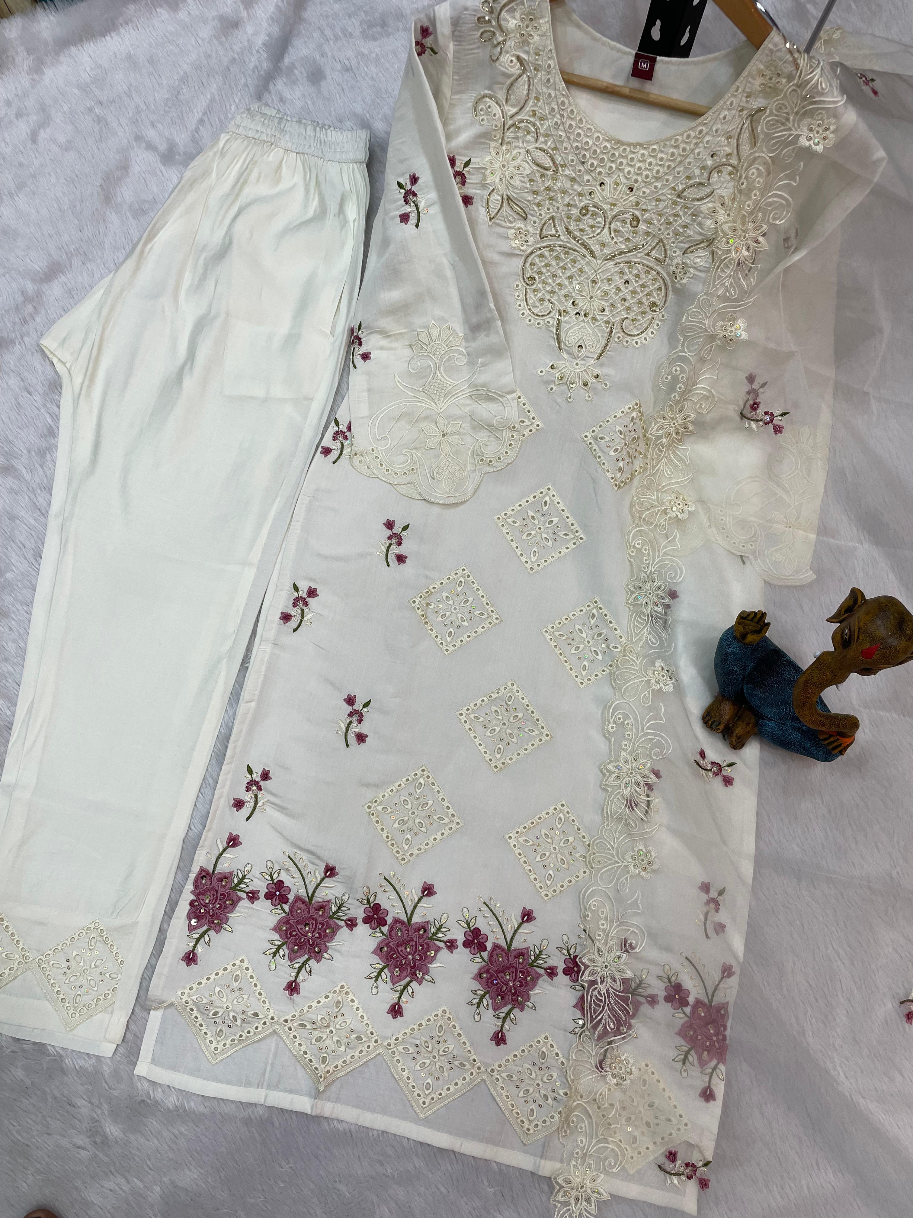 Elegant Straight Kurti Pant Dupatta Set of White