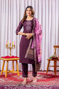 Elegant Straight Kurti Pant Dupatta Set KADV-111 -Wine Kalikar