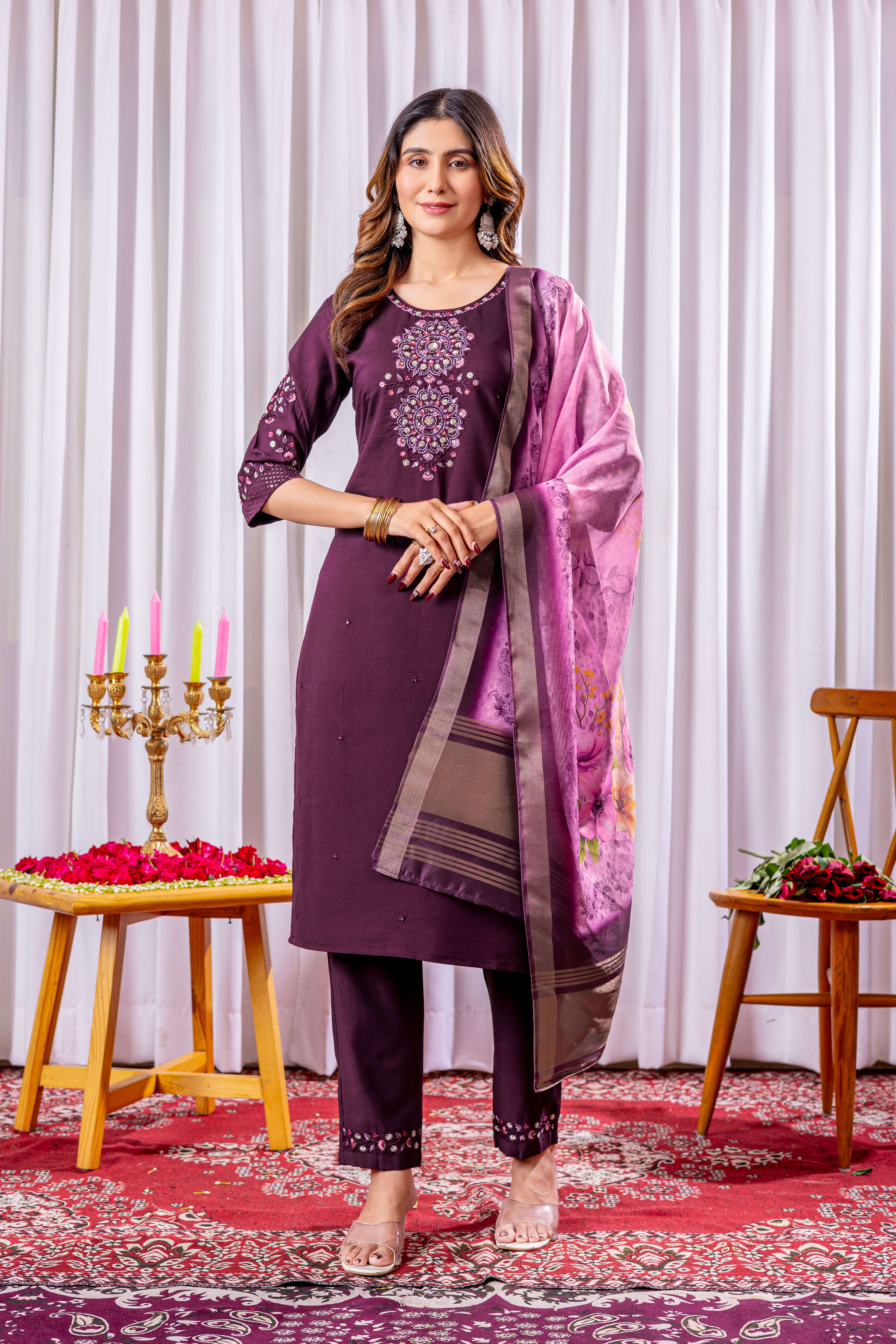 Elegant Straight Kurti Pant Dupatta Set KADV-111 -Wine Kalikar