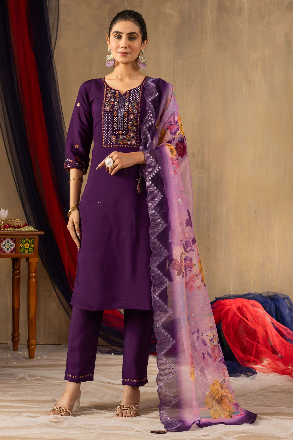 Elegant Straight Kurti Pant Dupatta Set KADV-108 - Purple Kalikar