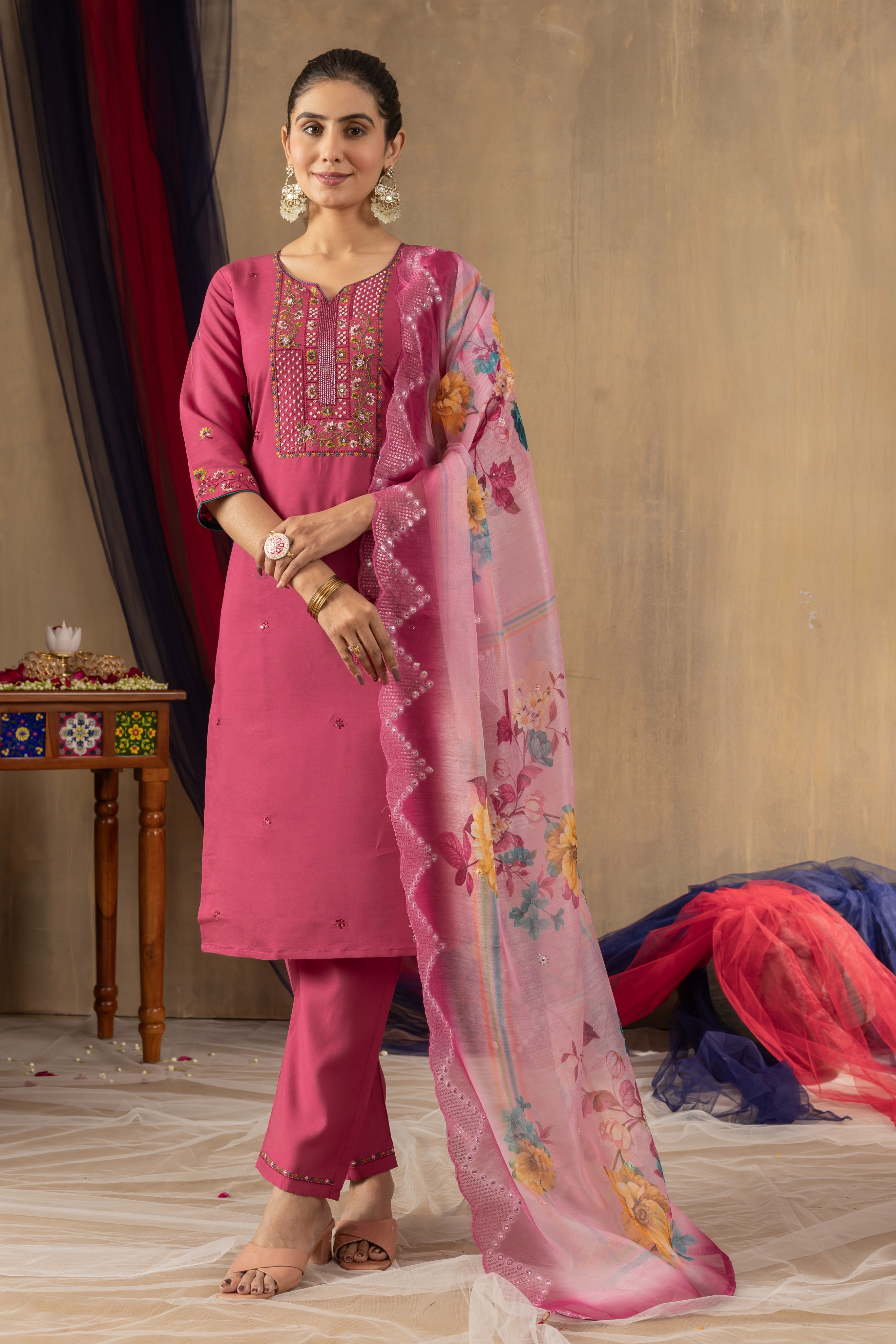 Elegant Straight Kurti Pant Dupatta Set KADV-108 - Pink