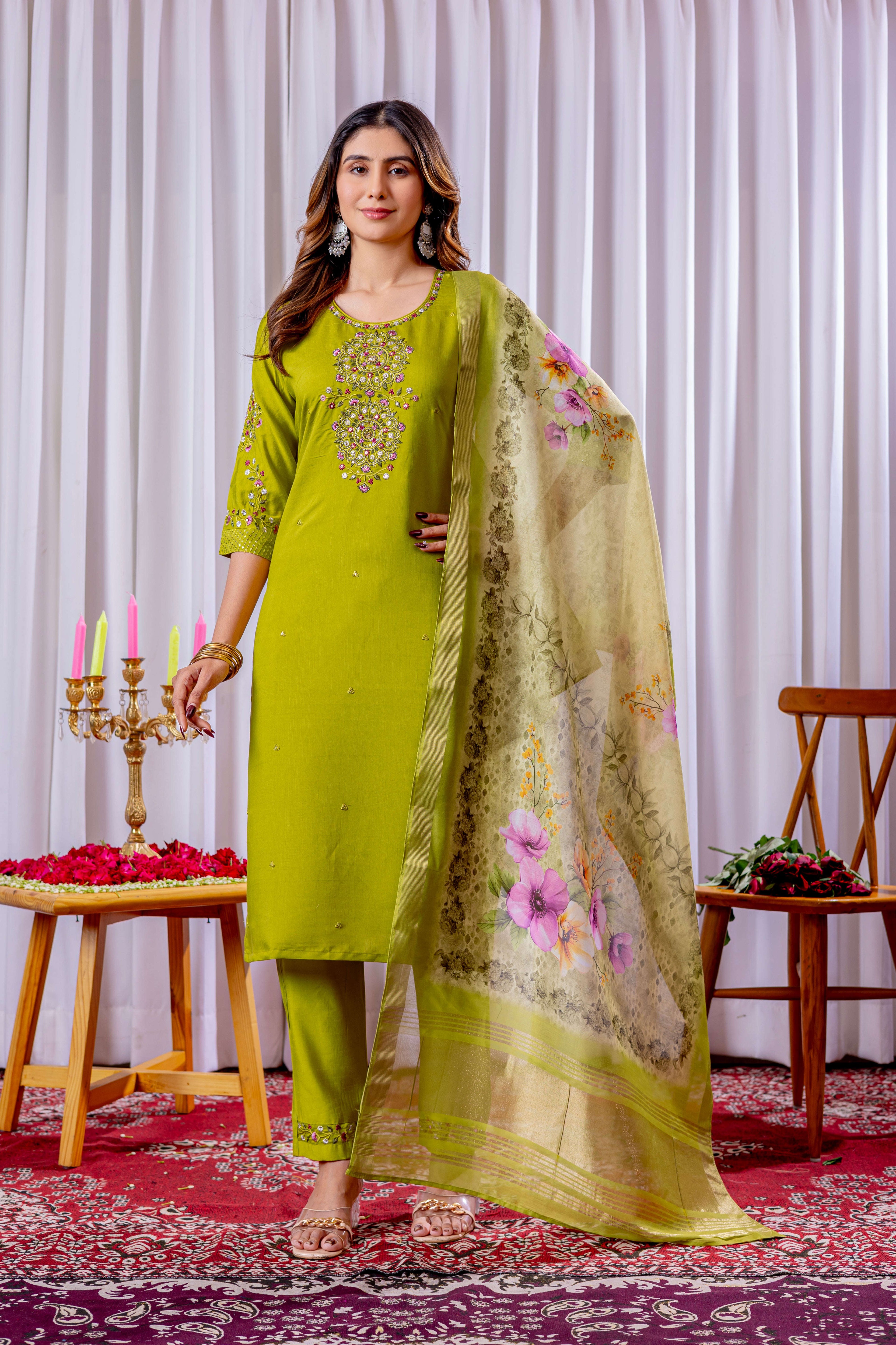 Elegant Straight Kurti Pant Dupatta Set KADV-111 -Parrot Green Kalikar
