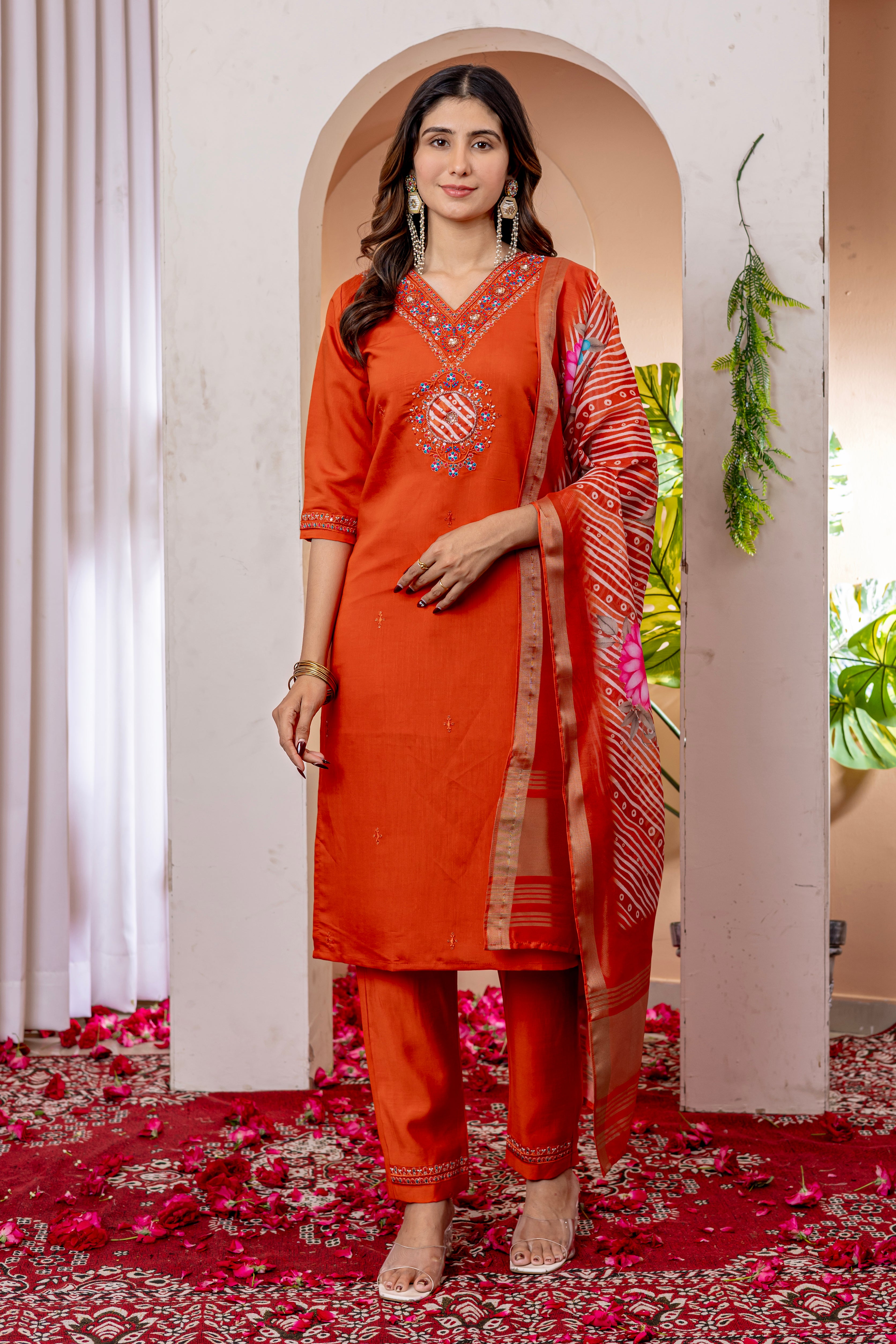 Elegant Straight Kurti Pant Dupatta Set of Orange