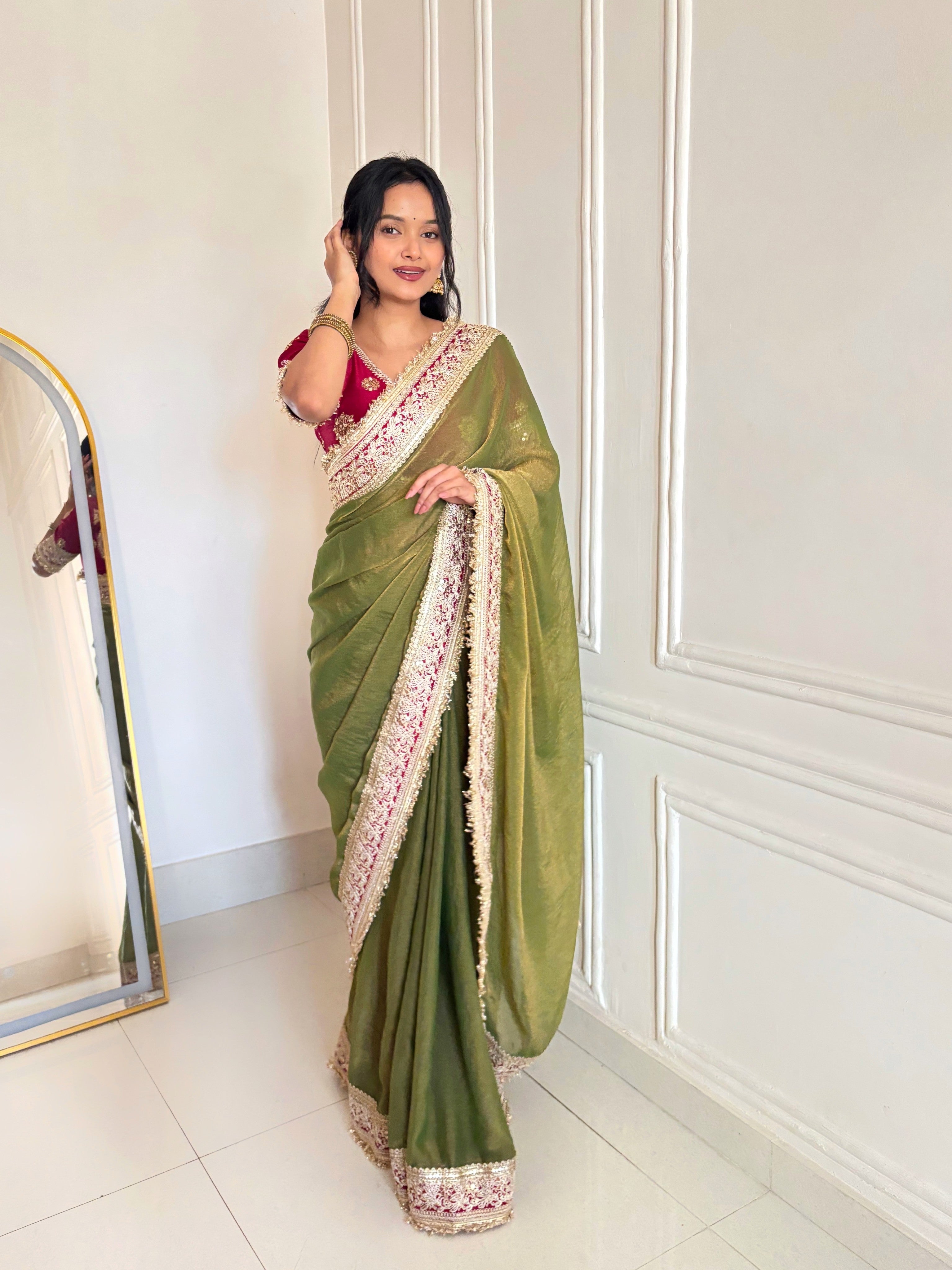 Kalikar Mocha Silk Embroidery work -Kajol Green