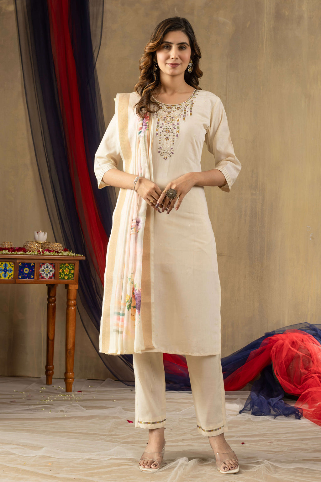 Elegant Straight Kurti Pant Dupatta Set KADV-109 - Off White Kalikar