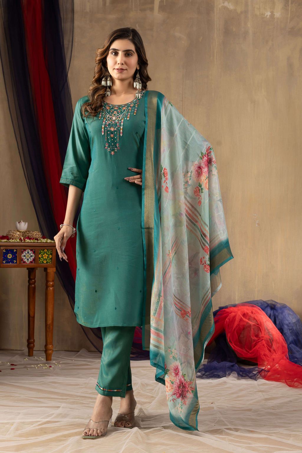 Elegant Straight Kurti Pant Dupatta Set KADV-109 - Rama Green Kalikar