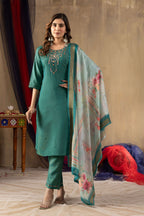 Elegant Straight Kurti Pant Dupatta Set KADV-109 - Rama Green Kalikar