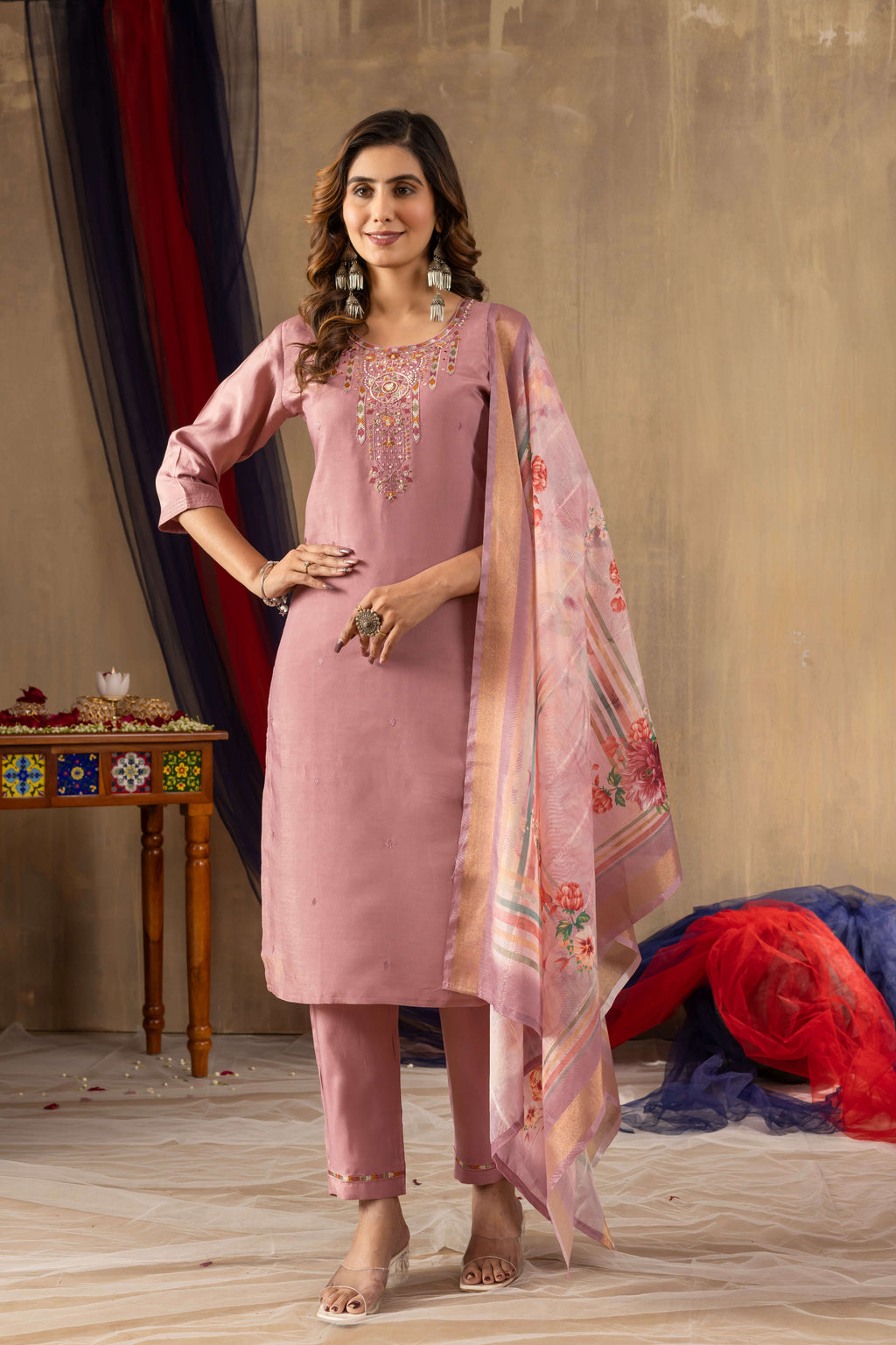 Elegant Straight Kurti Pant Dupatta Set KADV-109 - Onion Pink Kalikar