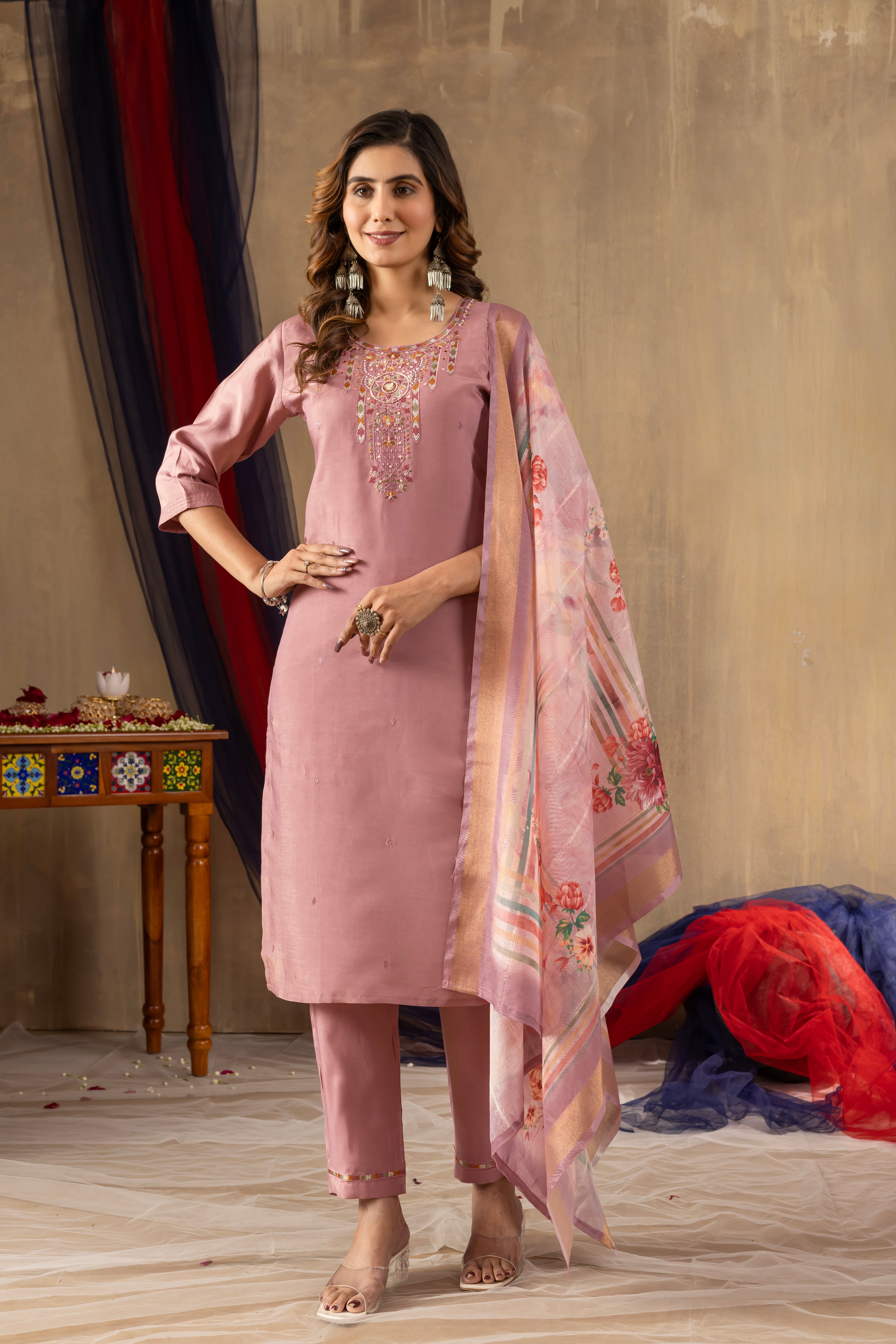 Elegant Straight Kurti Pant Dupatta Set KADV-109 - Onion Pink
