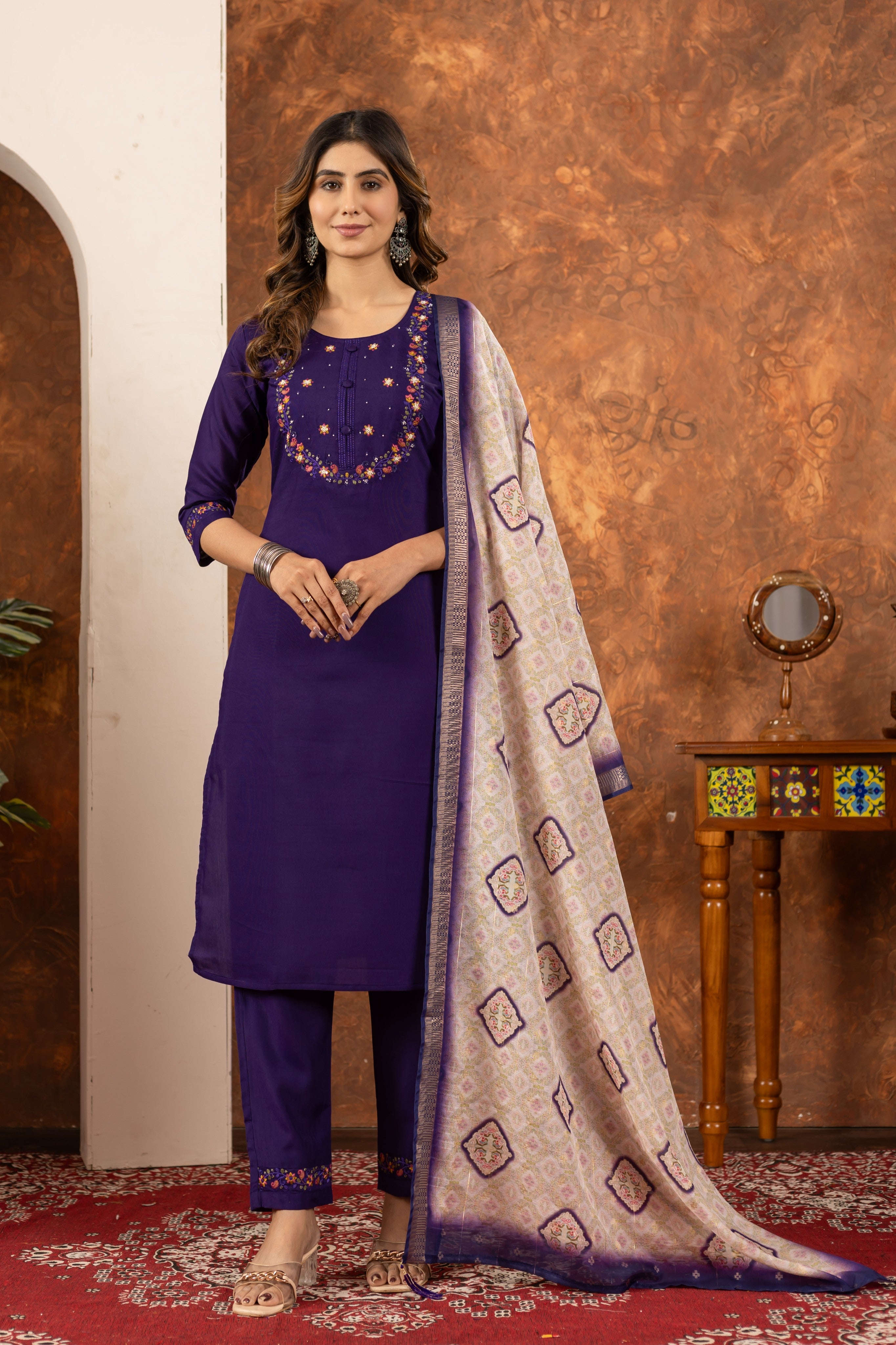 Elegant Straight Kurti Pant Dupatta Set - Purple Kalikar