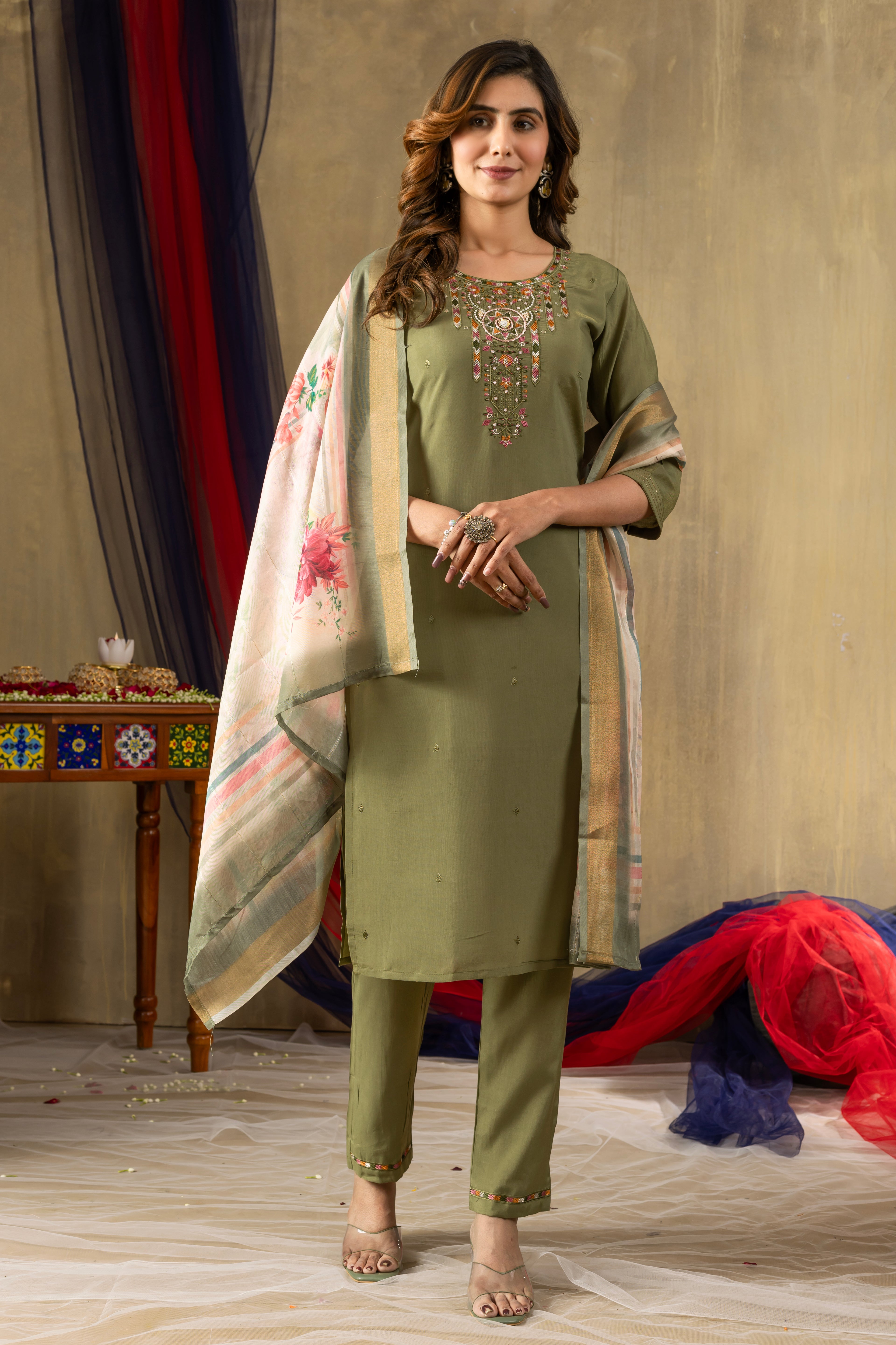 Elegant Straight Kurti Pant Dupatta Set KADV-109 - Green