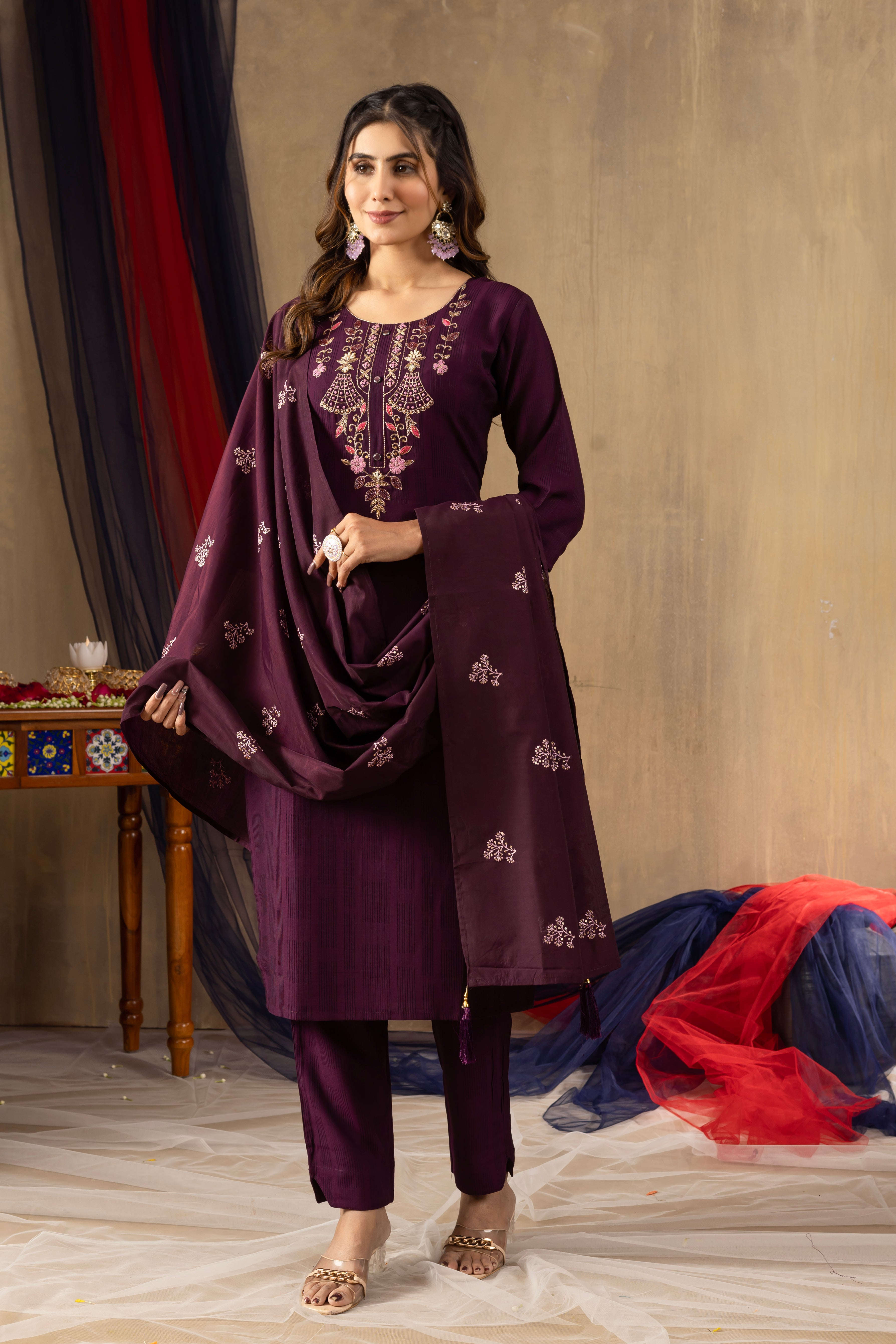 Elegant Straight Kurti Pant Dupatta Set KADV-104 - Wine Kalikar