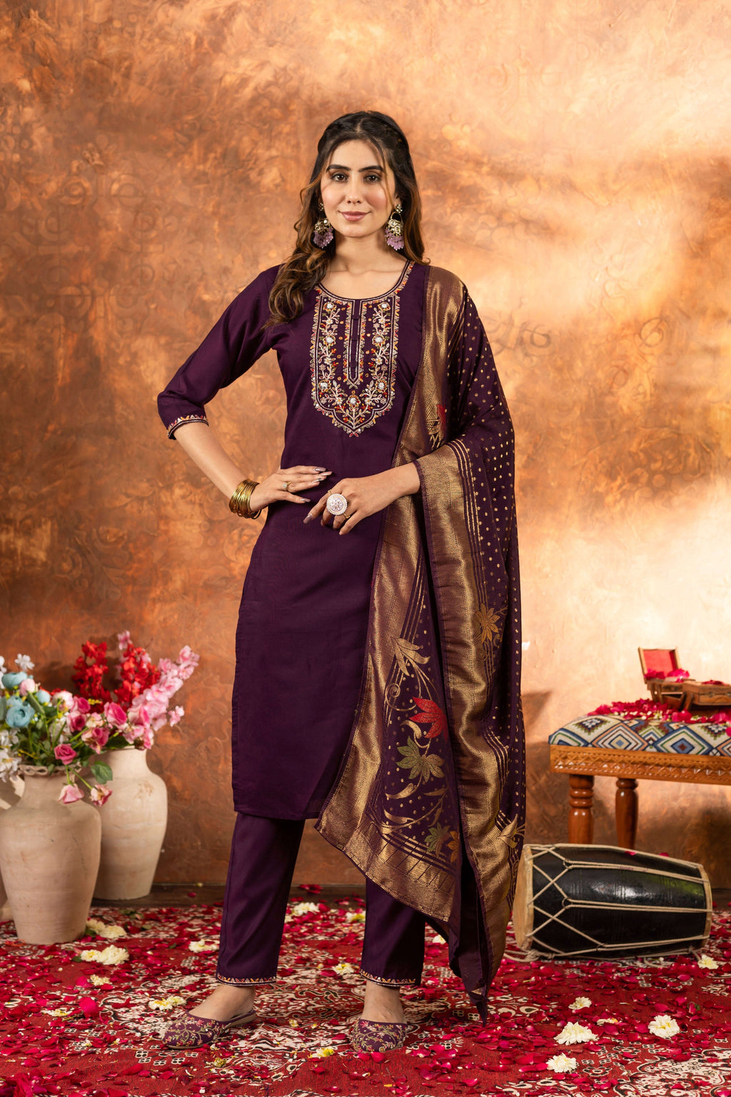 Elegant Straight Kurti Pant Dupatta Set KADV-103 - Wine Kalikar